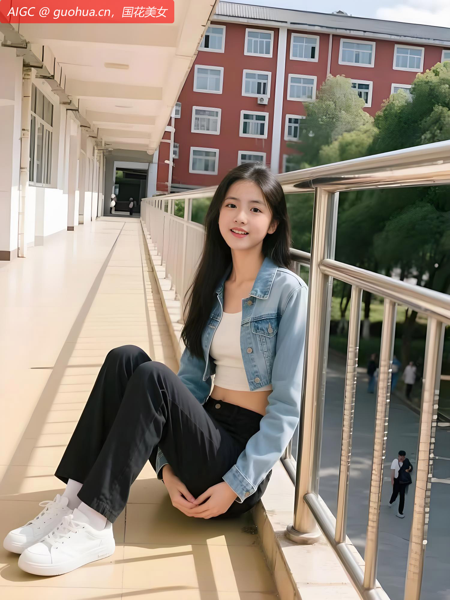 浅蓝牛仔外套搭配白色短上衣，简约又清爽