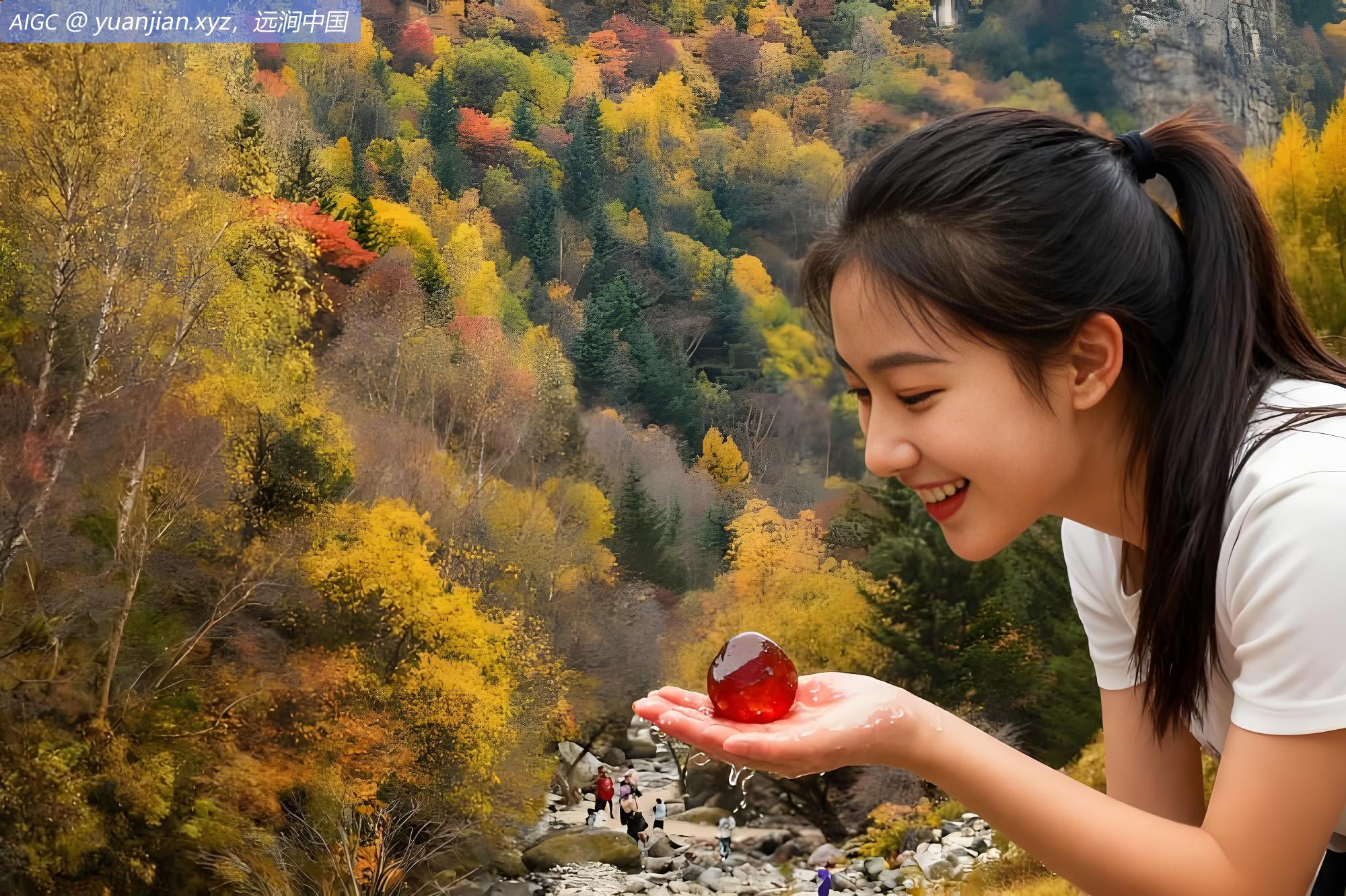 一位游客在小溪中捡到一块红色的玛瑙石