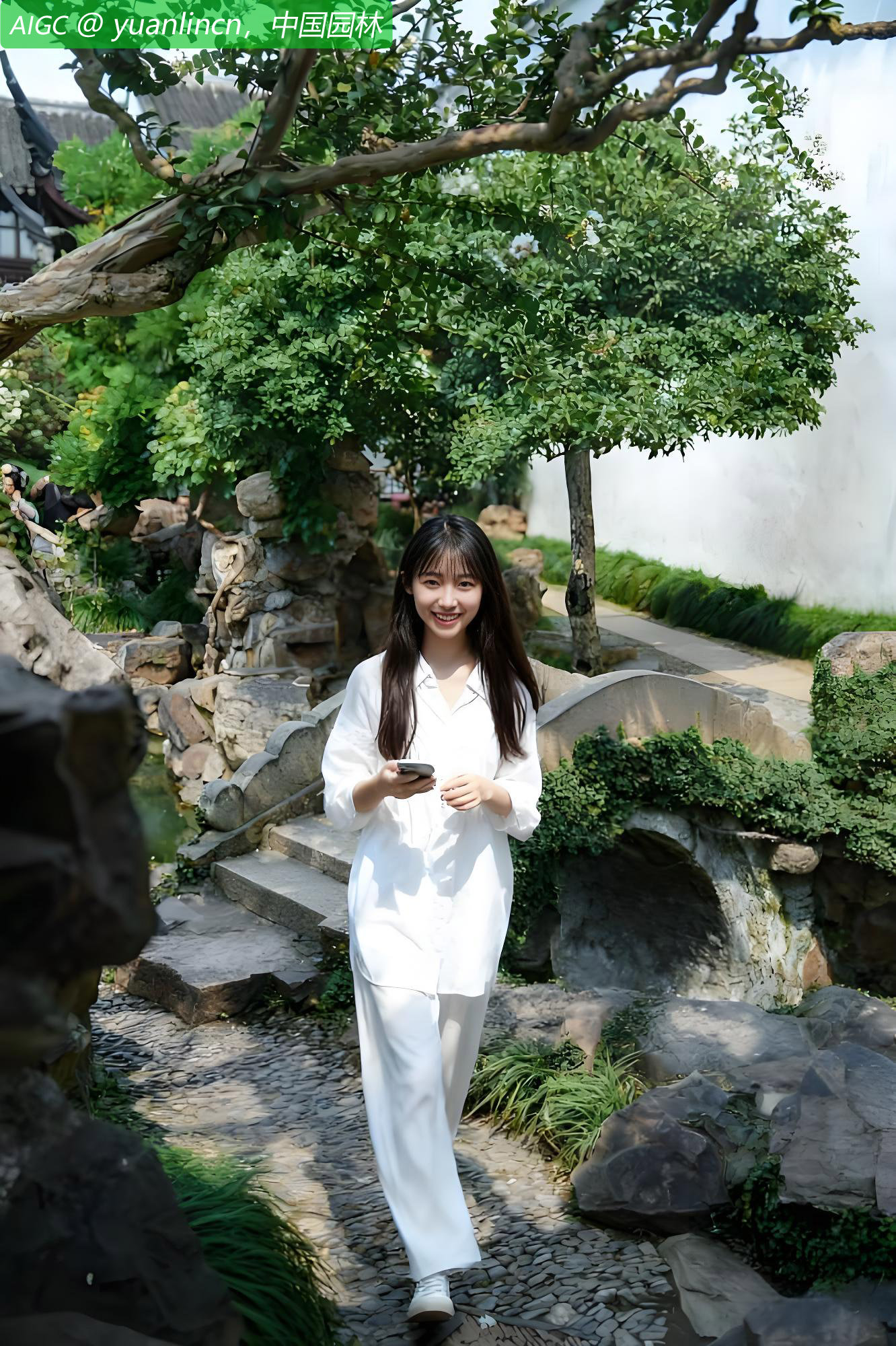 一位白衣妹子从网师园的小径上走过