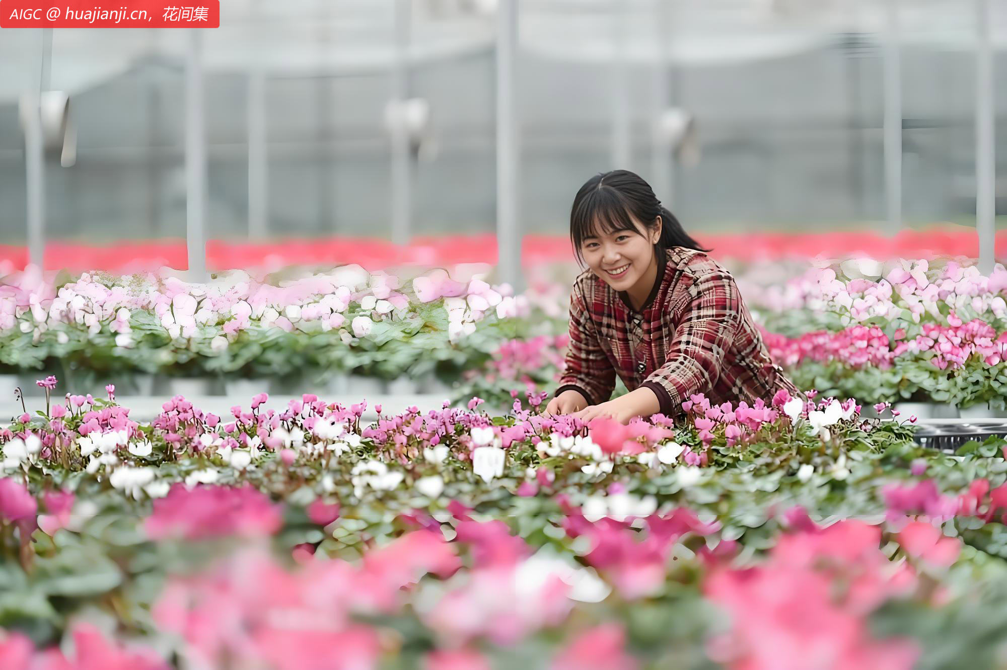 山东青州东建德村，农民在大棚里管护仙客来