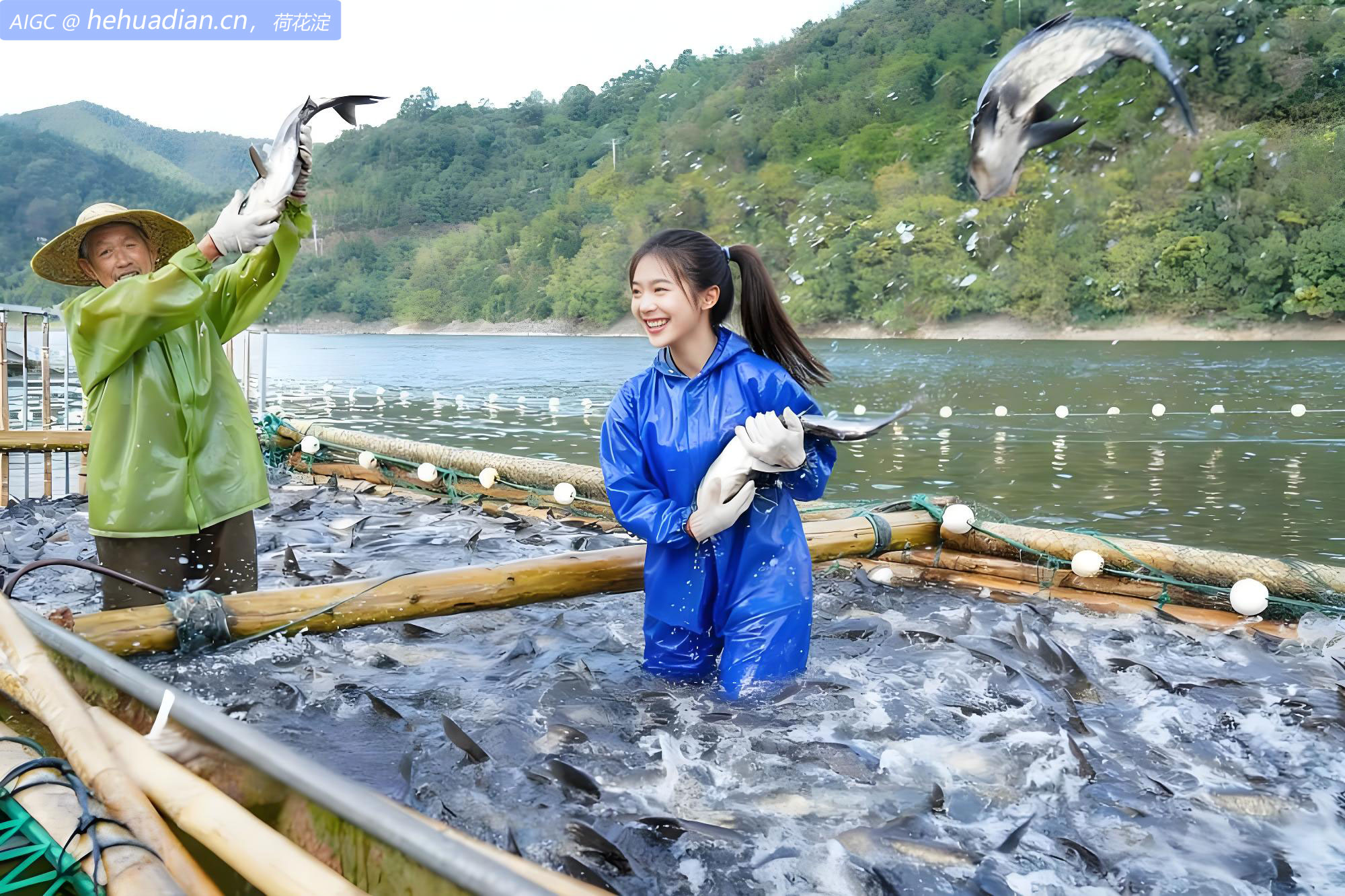 浙江安吉县赋石水库，渔民们开展捕鱼作业，鱼跃人欢