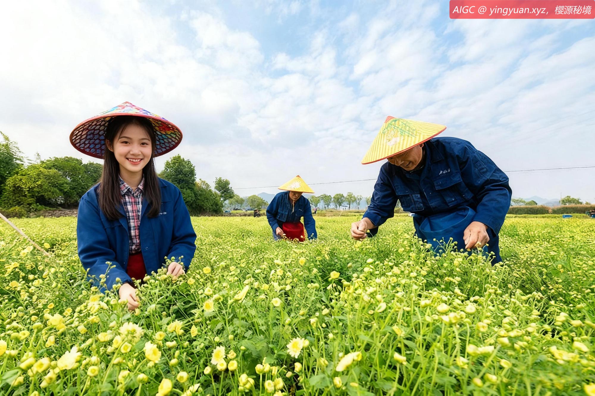 浙江金华杭白菊种植基地，工人们忙着采收盛开的杭白菊