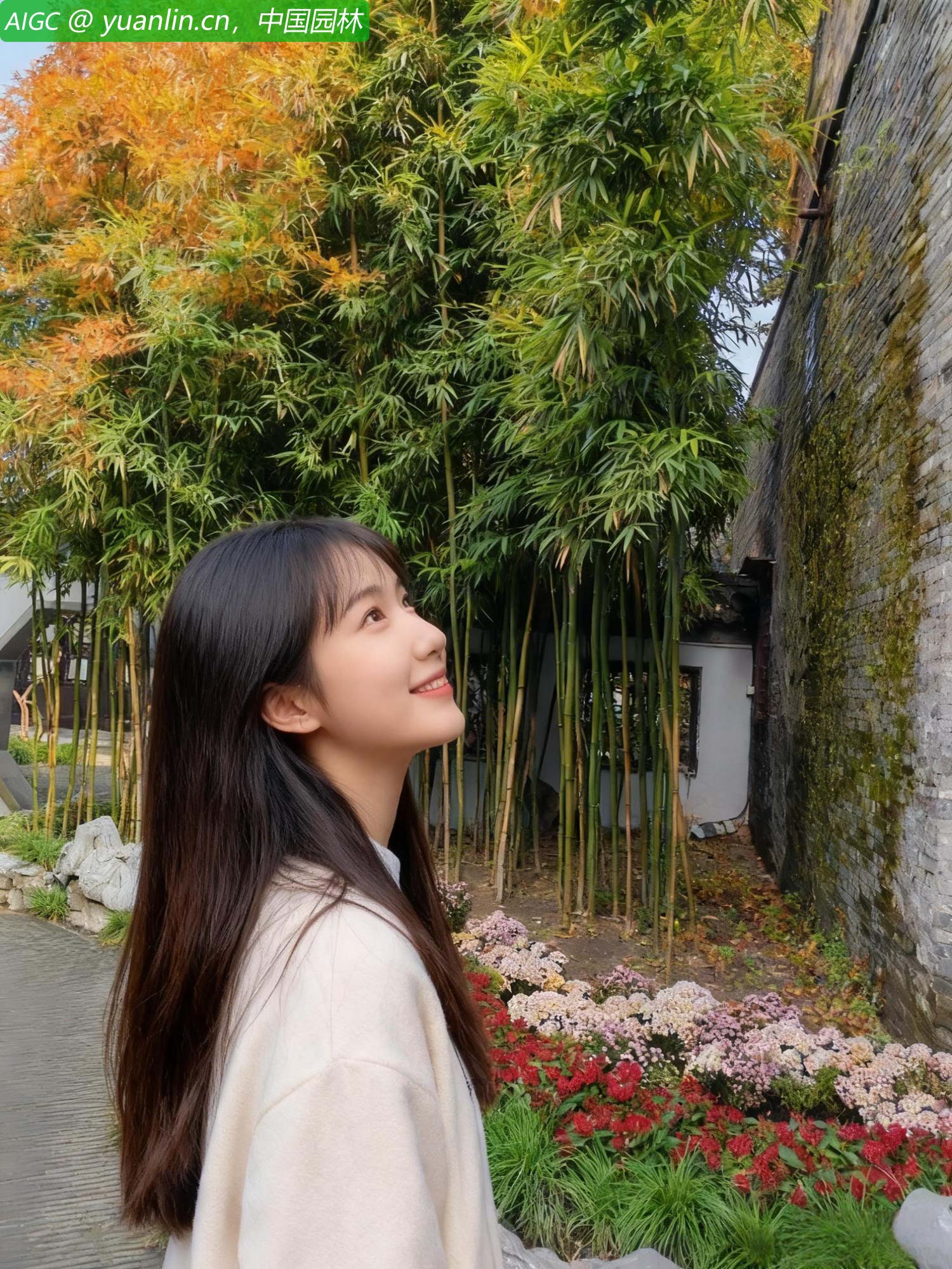 一位游客正在抬头观看何园的门匾