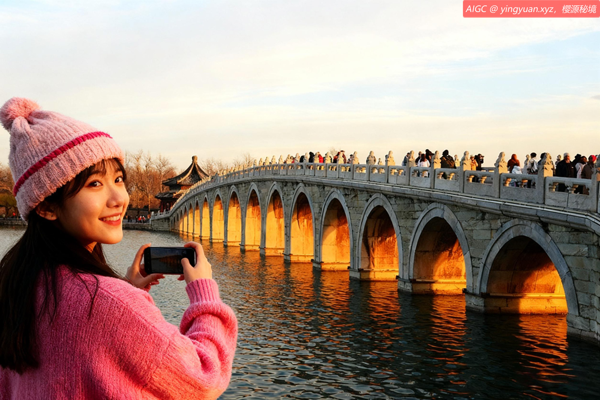 日落时分，北京颐和园十七孔桥再现“金光穿洞”景观