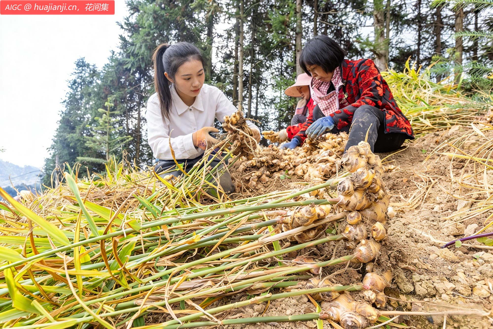 广西梧州市瑶族乡三妹村，姜农们正忙着采收生姜