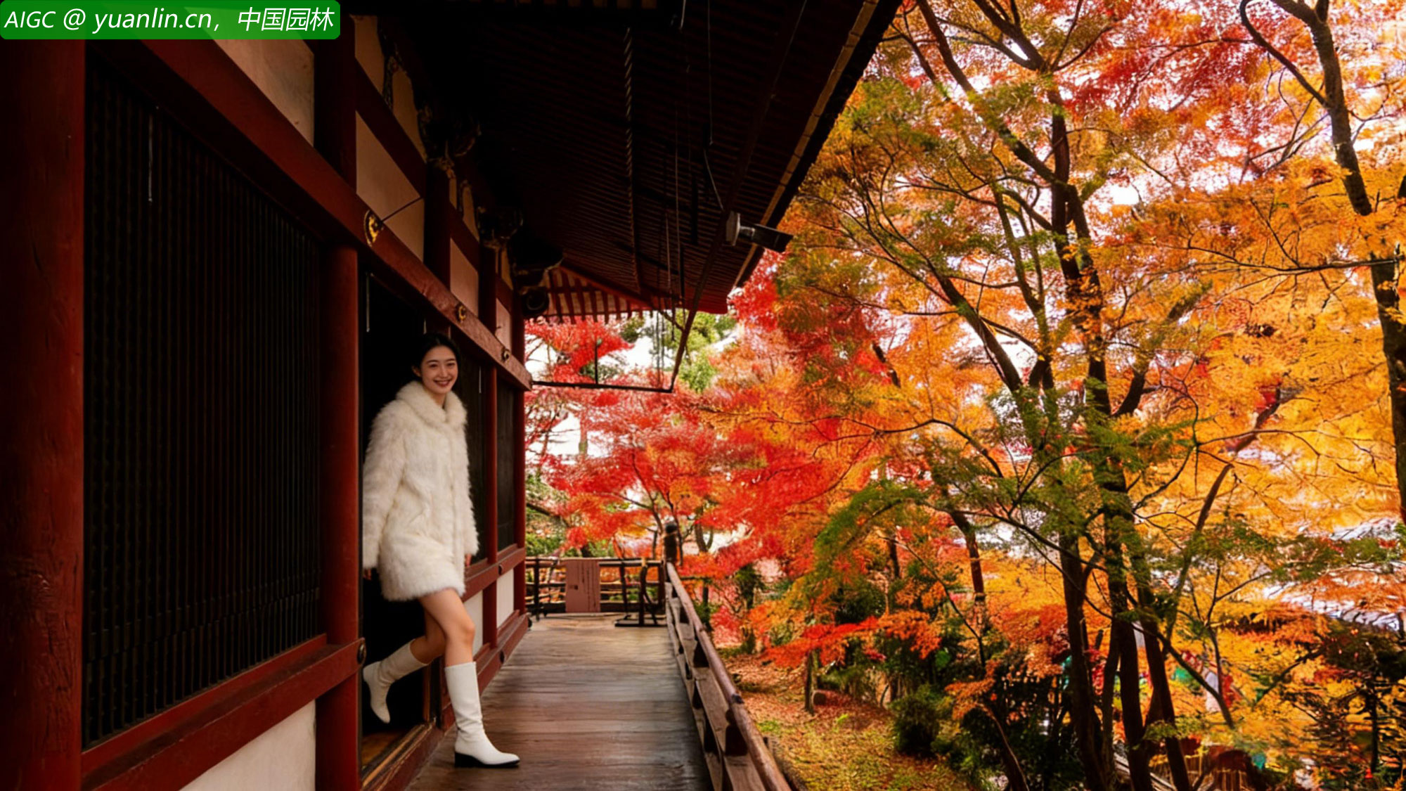 白色毛绒短外套美女，正行走在古雅的园林回廊间