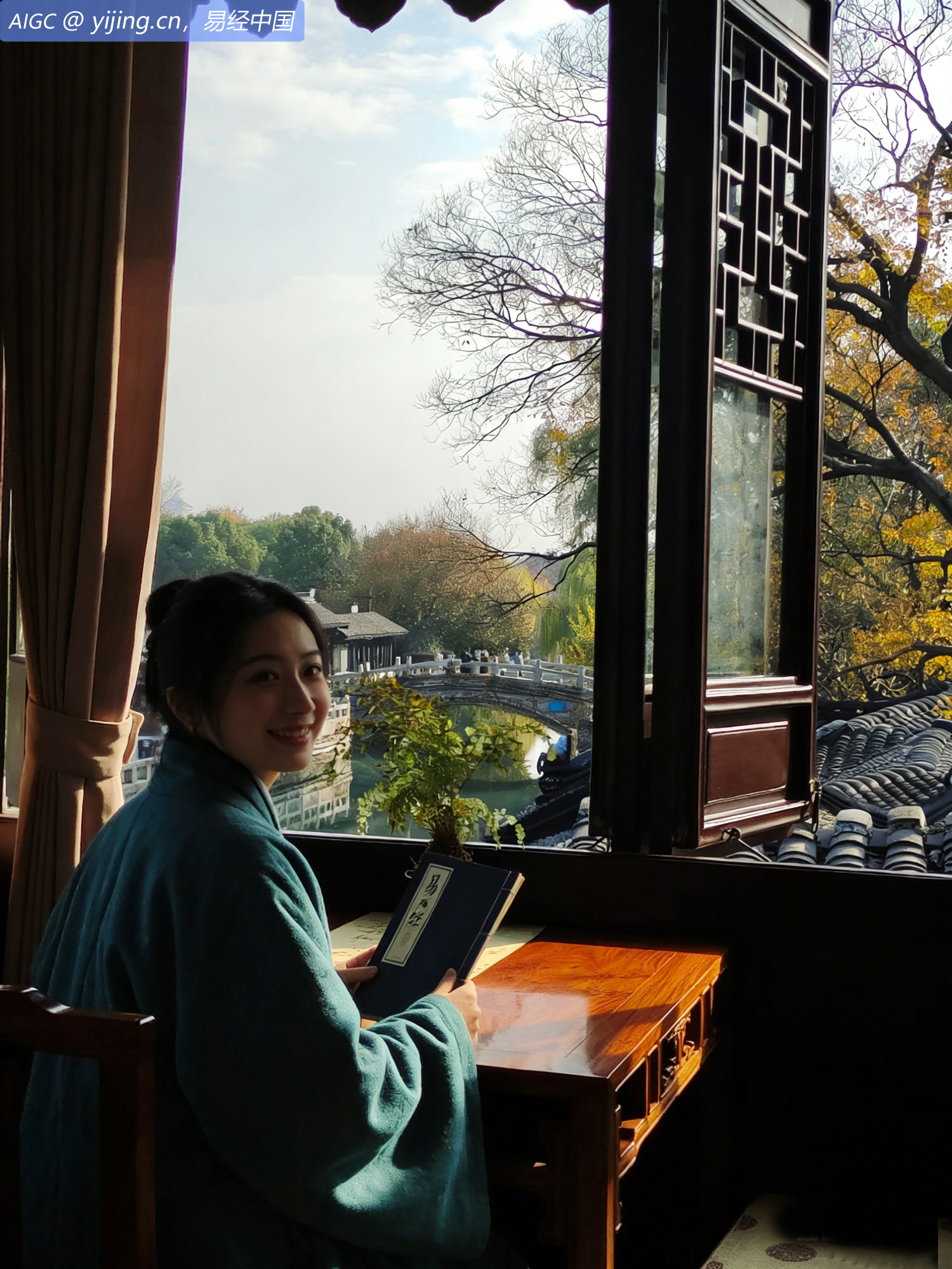 苏州耦园，一位女子在阁楼上读《易经》