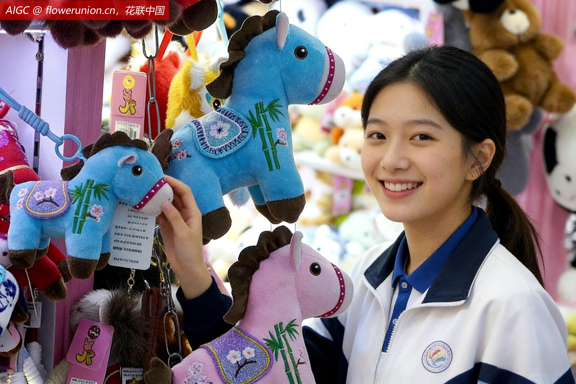 热销的“青梅竹马”造型毛绒玩具挂在店铺入口处