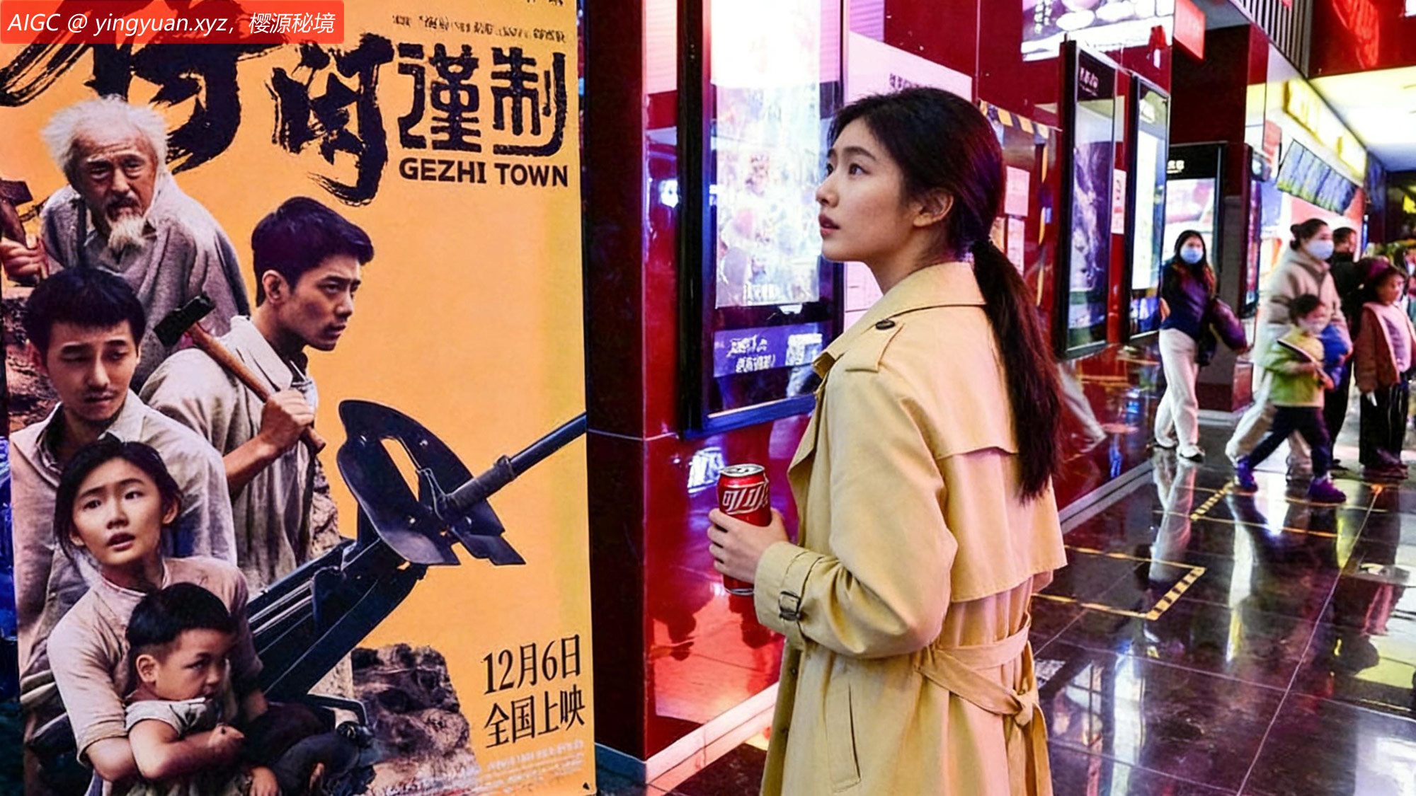 影院观影厅前，观众正在看得闲谨制的海报