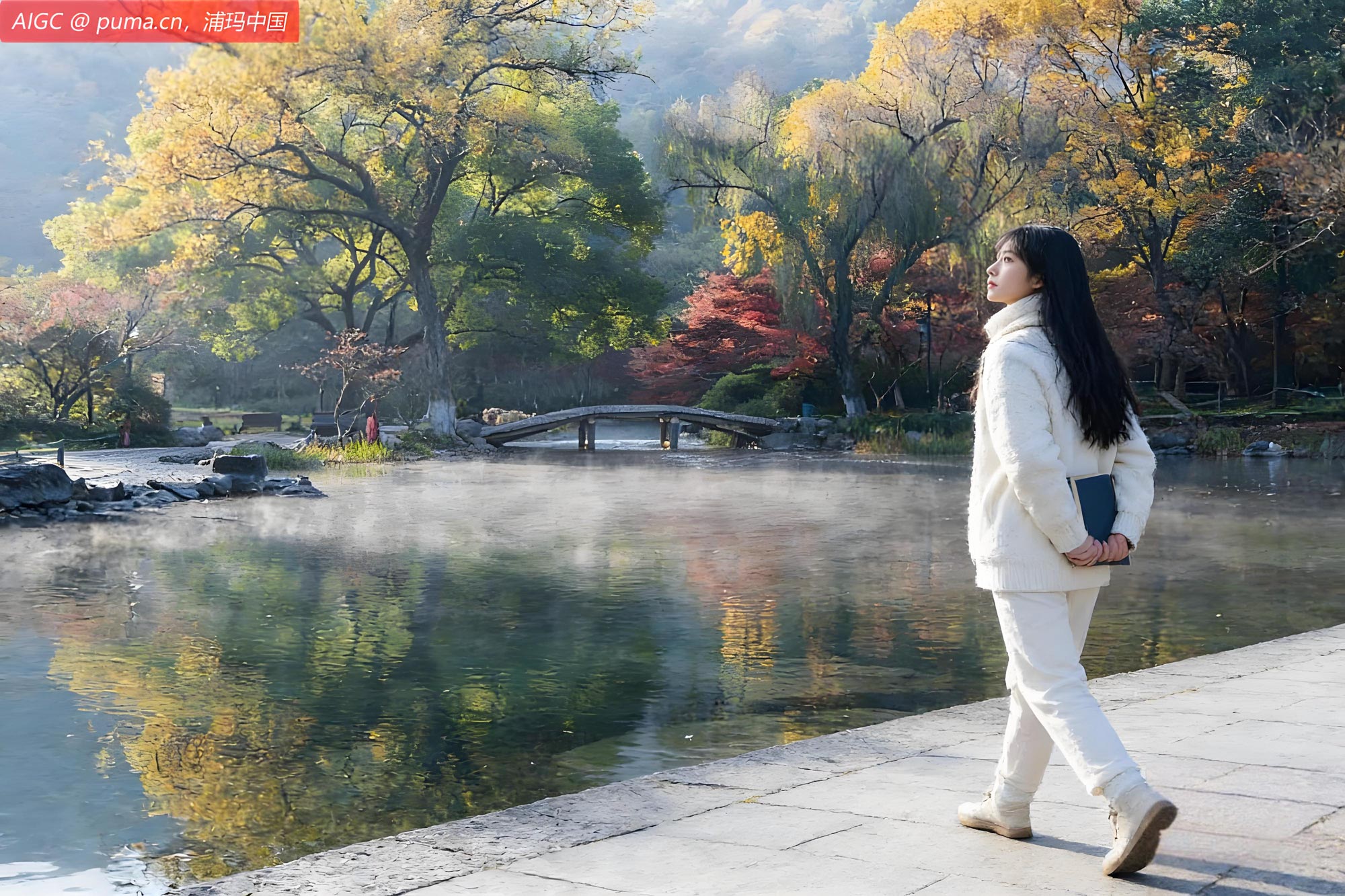 一位女大学生在杭州太子湾公园湖畔晨读。