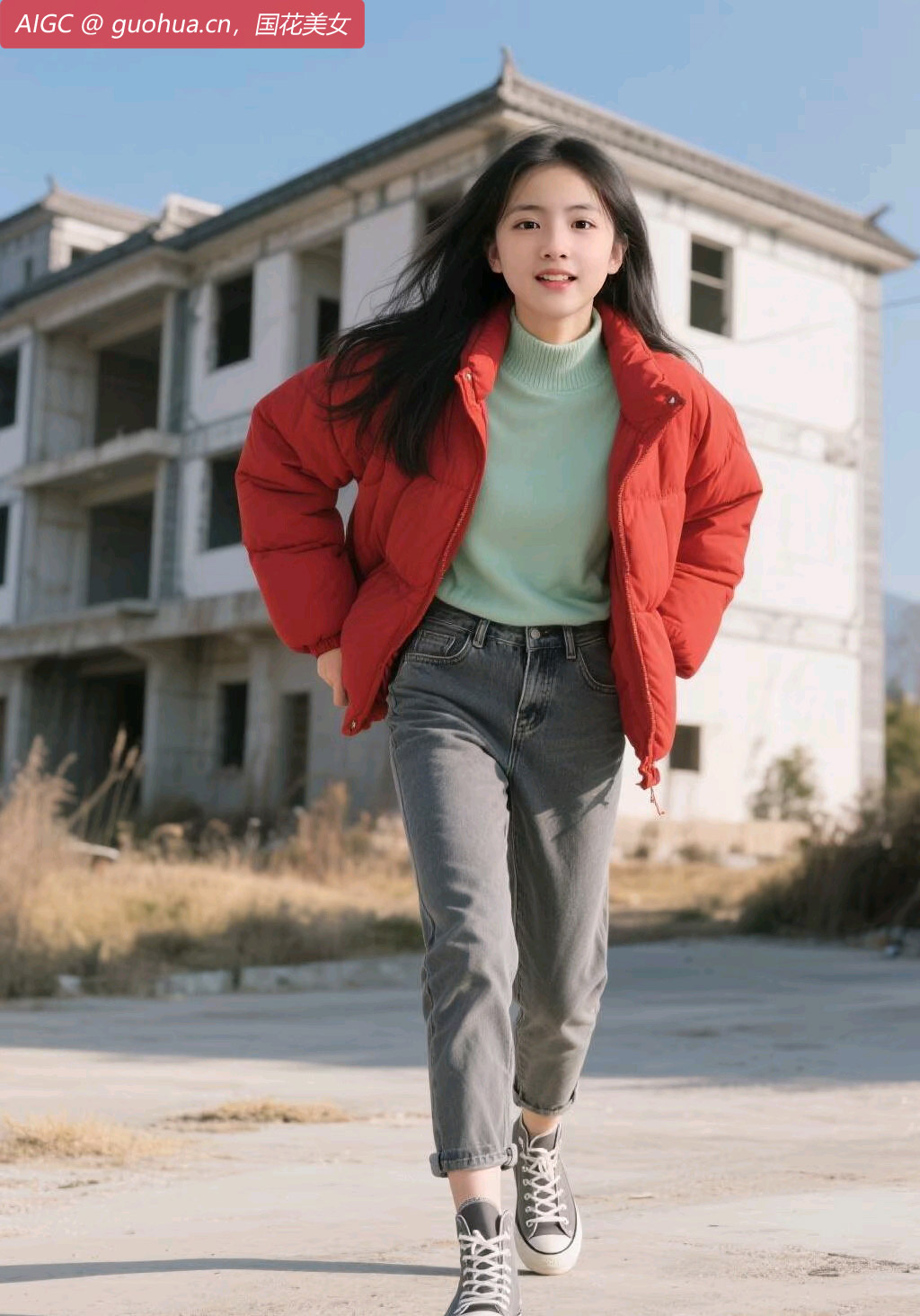 她身着红棉服，像冬日里燃烧的火焰