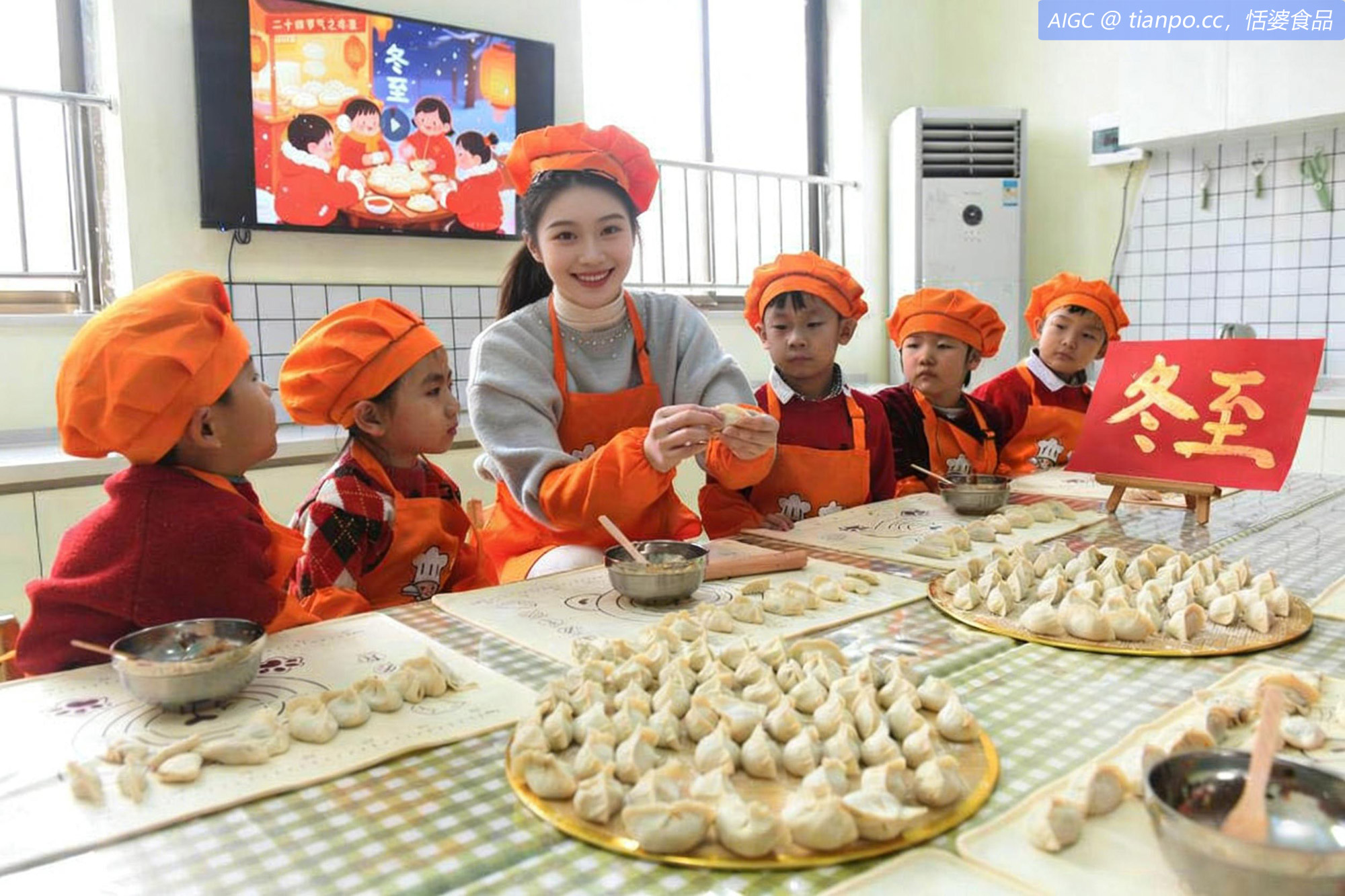 河北省石家庄新乐市第二幼儿园，老师教小朋友包冬至饺子