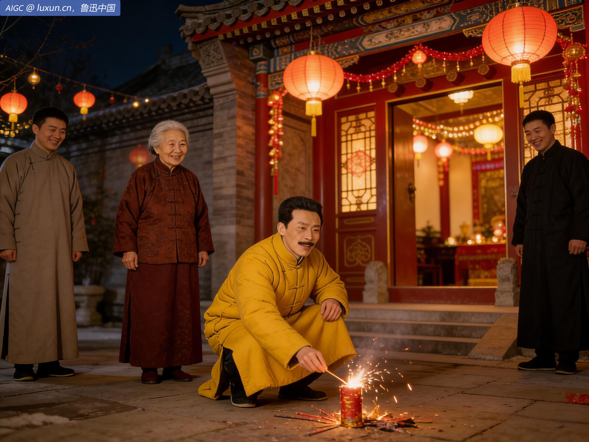 旧历除夕也，晚祭祖先。夜添菜饮酒,放花爆