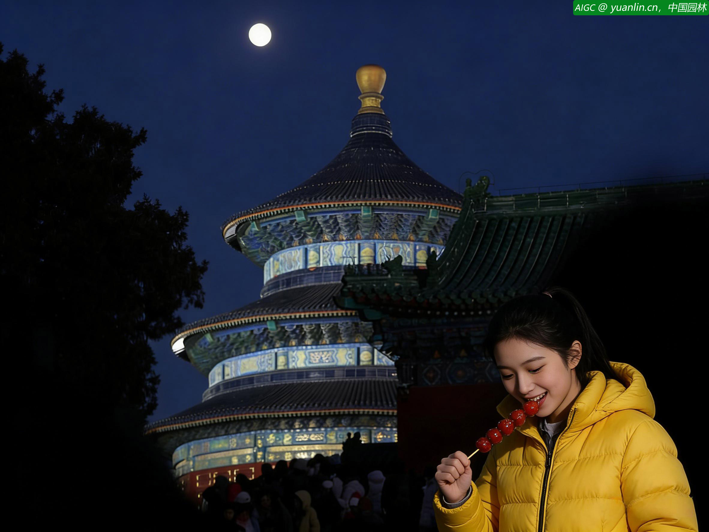 北京天坛公园，祈年殿华灯璀璨，游人如织。