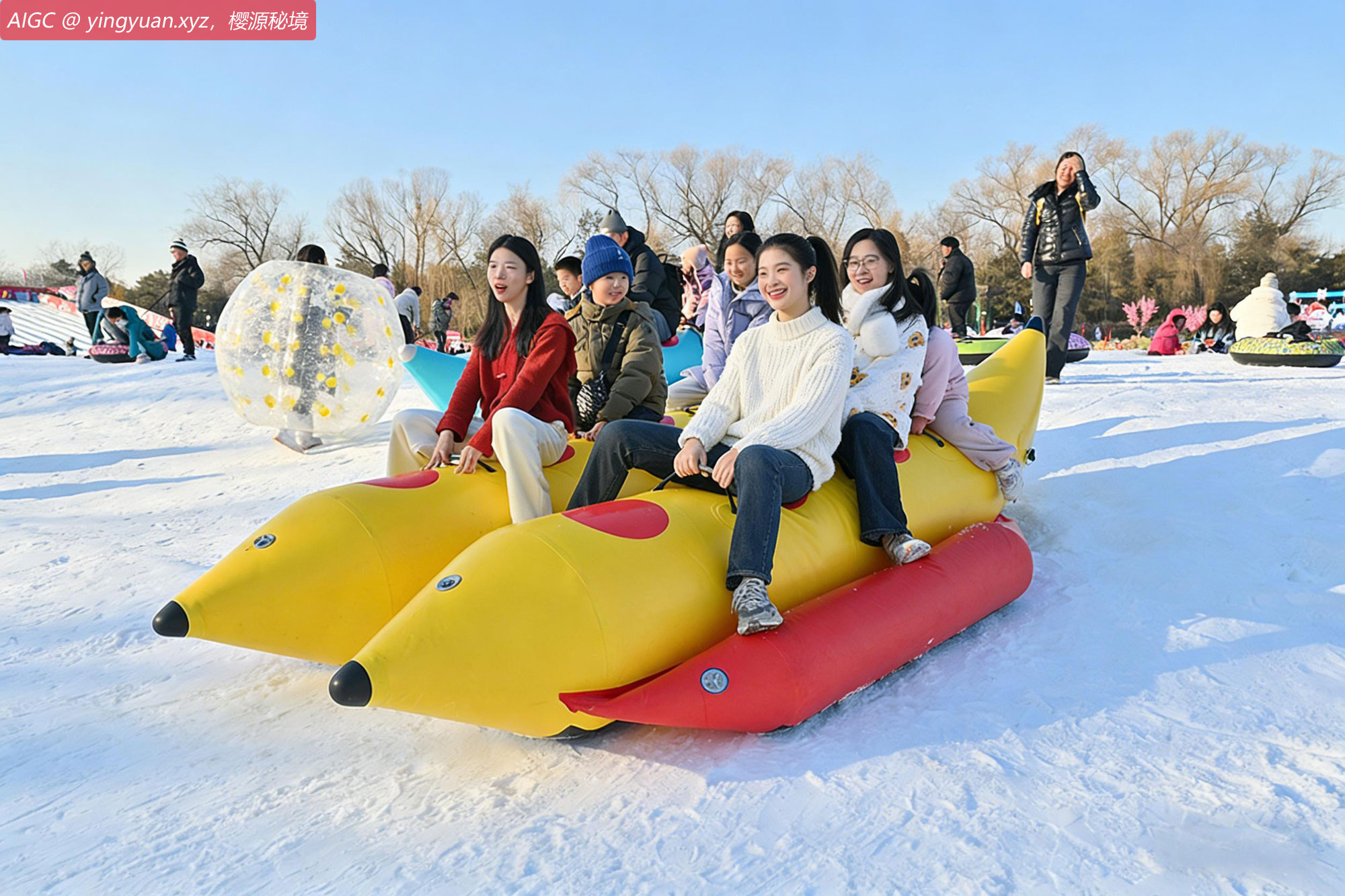 游客在北京圆明园雪场内体验游乐项目