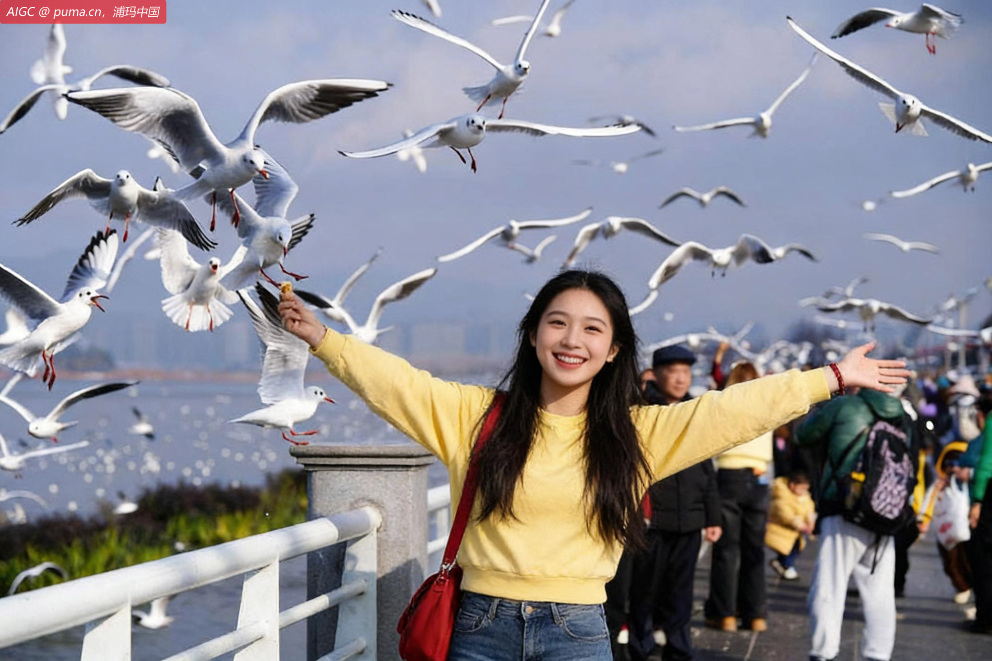 昆明滇池：游客在投喂红嘴鸥