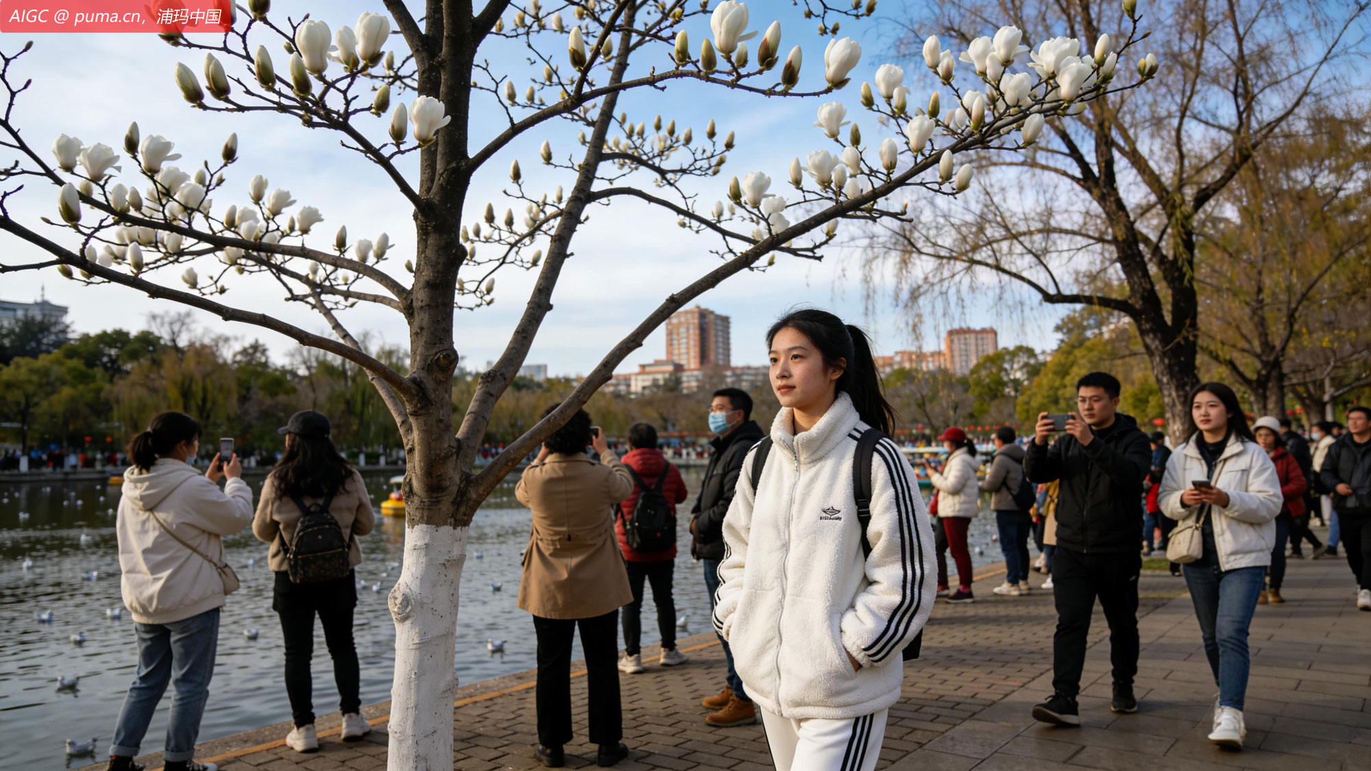 昆明翠湖公园，玉兰花如期绽放。游人如织。