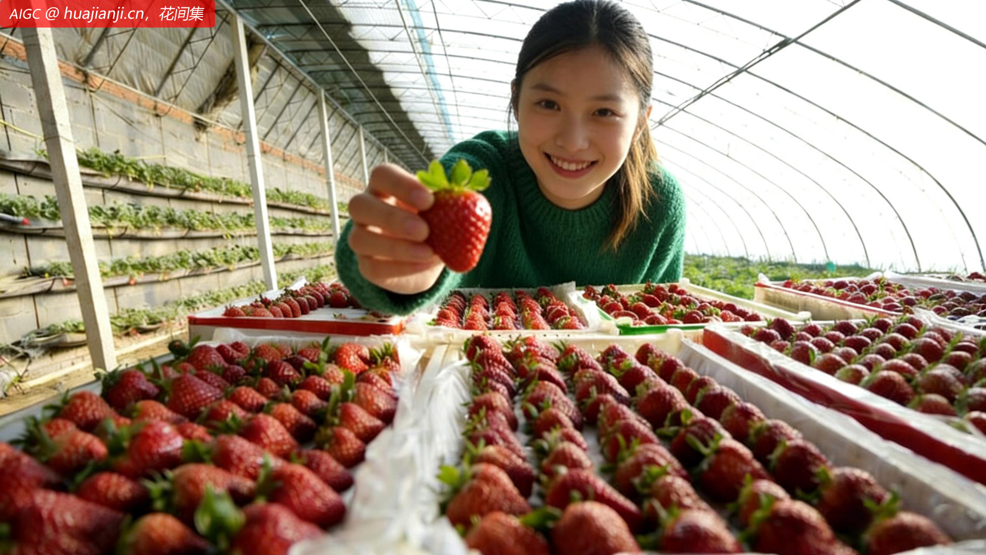 在河北省滦州市现代农业产业园大棚内整理采摘草莓