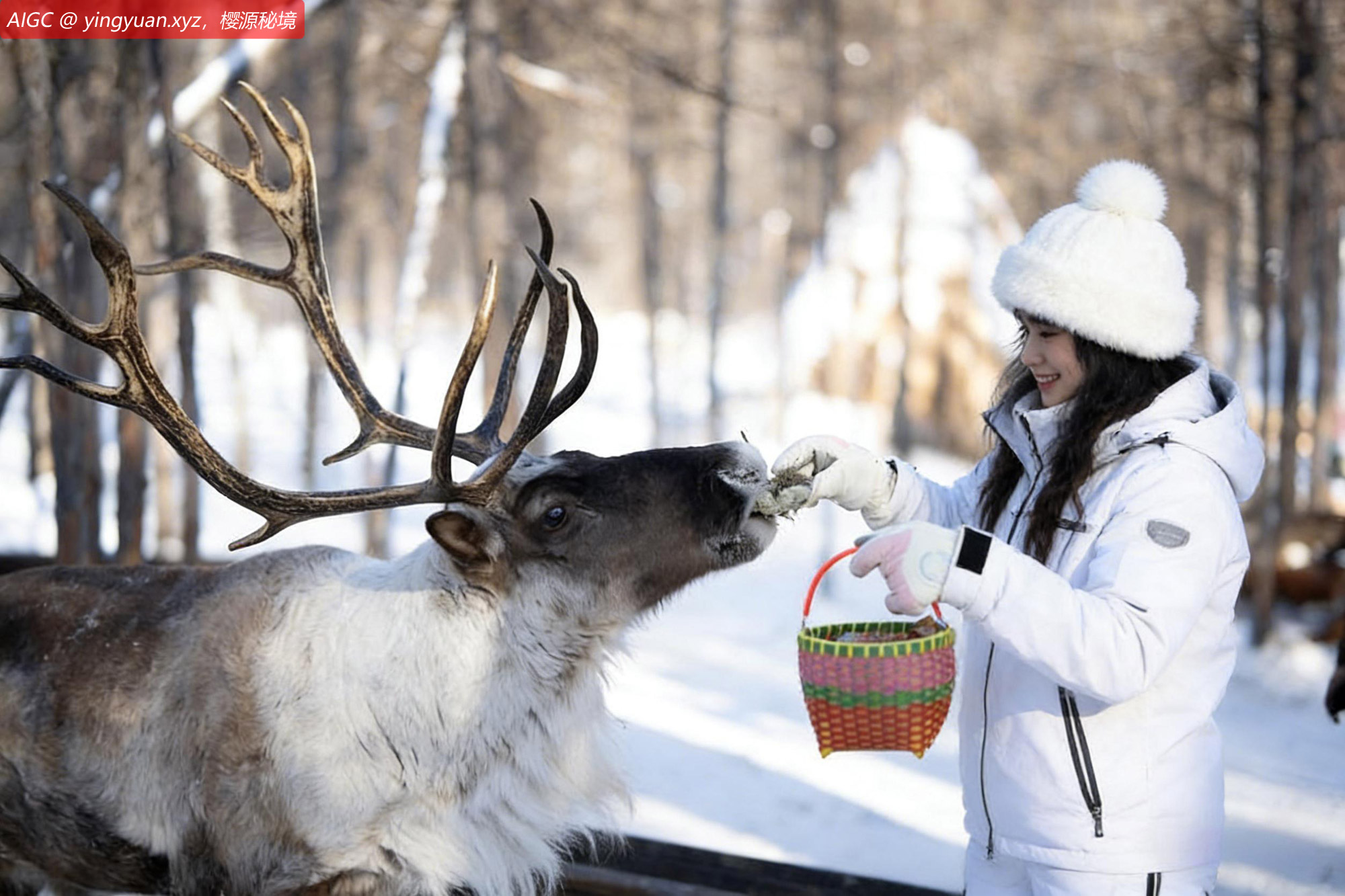 游客在根河市敖鲁古雅鄂温克民族乡喂驯鹿。