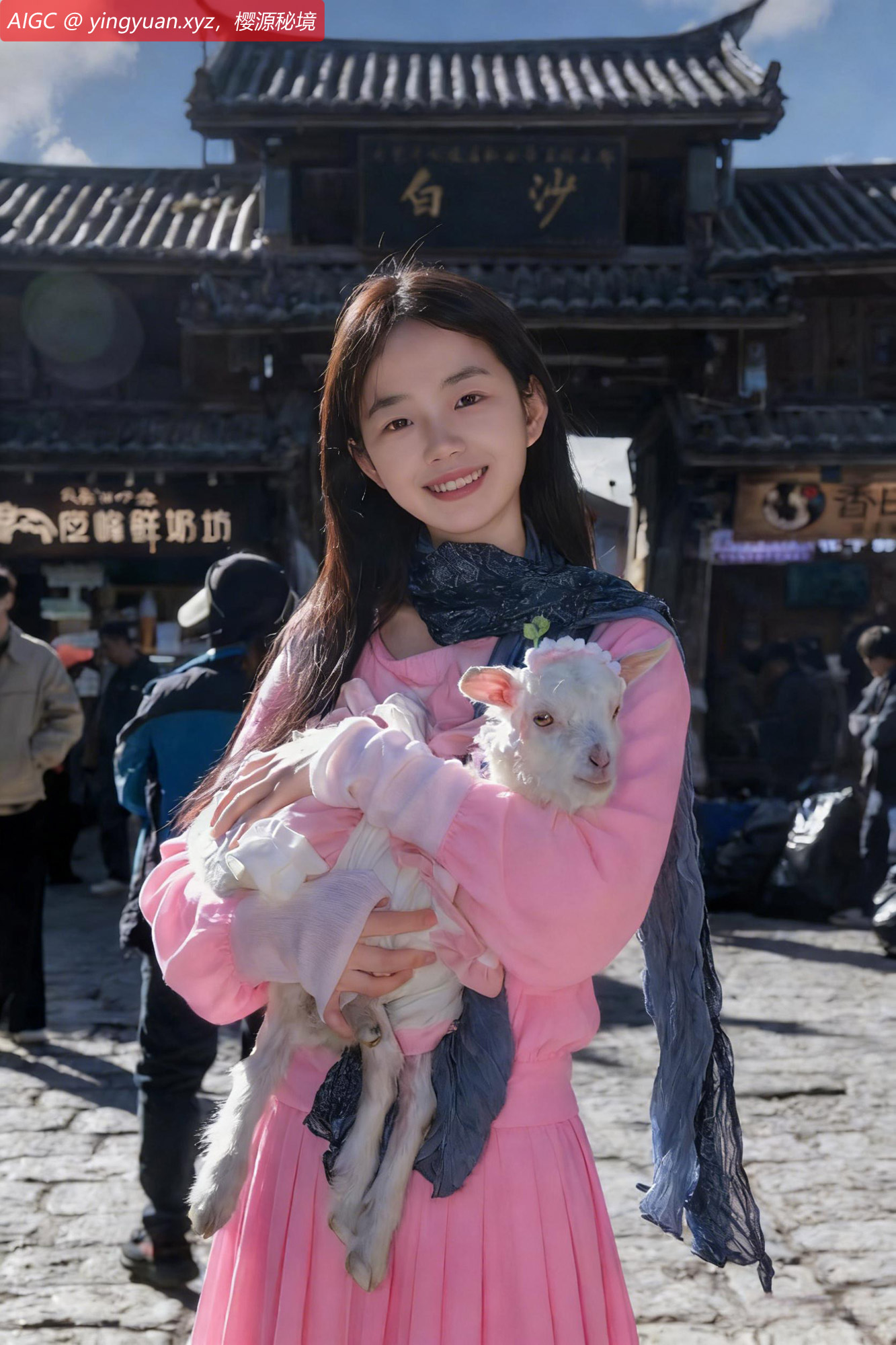云南白沙古镇，一位游客抱着小羊在打卡。