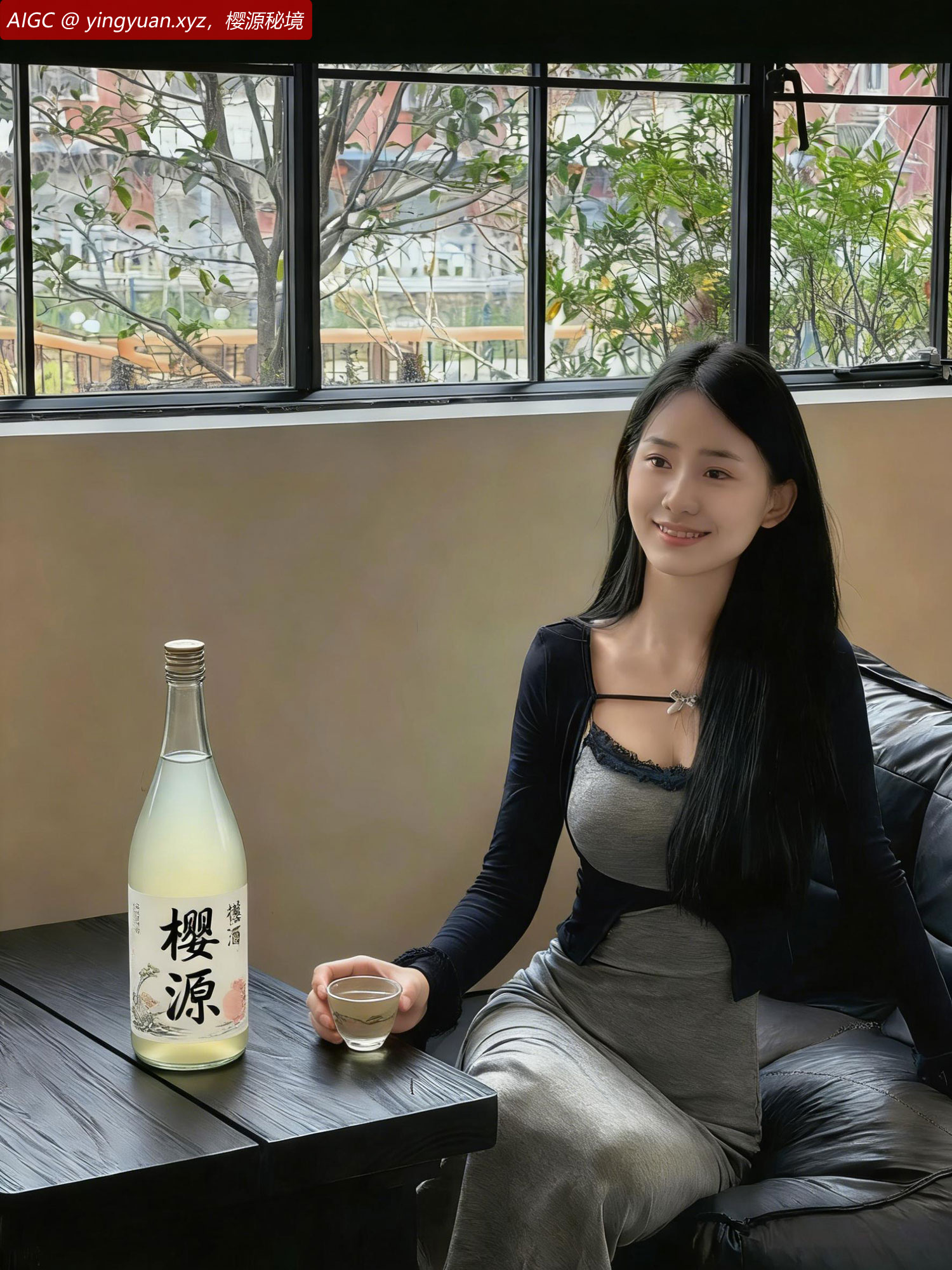 晓樱身着灰黑拼接连衣裙，外搭黑色开衫，长发披肩