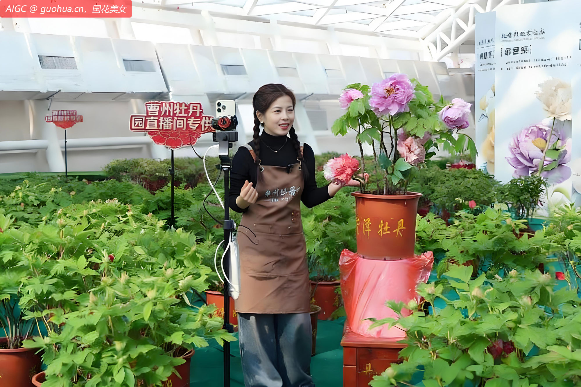 山东省菏泽市曹州牡丹园内，主播推销催花牡丹