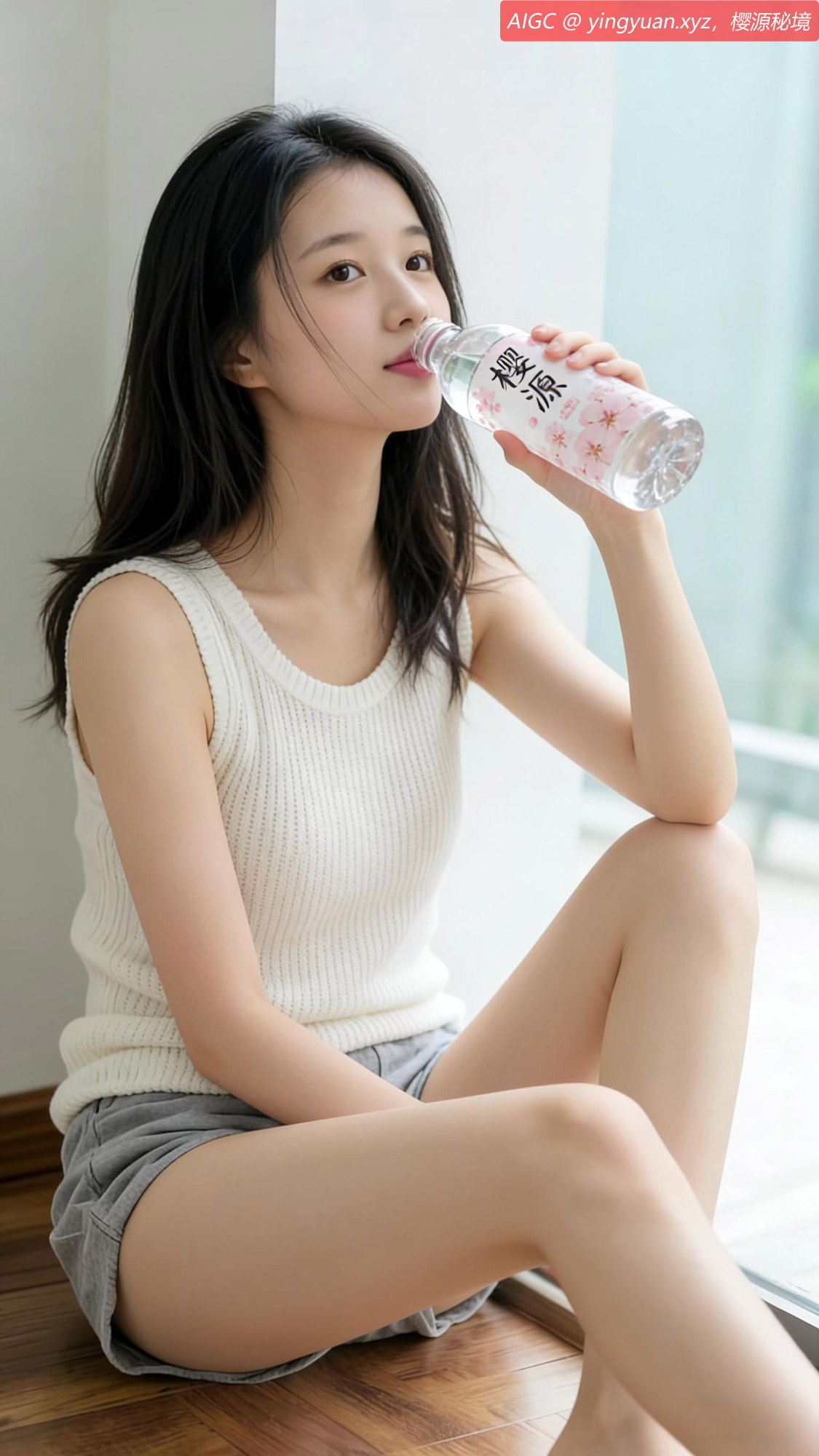 晓樱身着简约白背心与灰色短裤，坐在窗边地板上