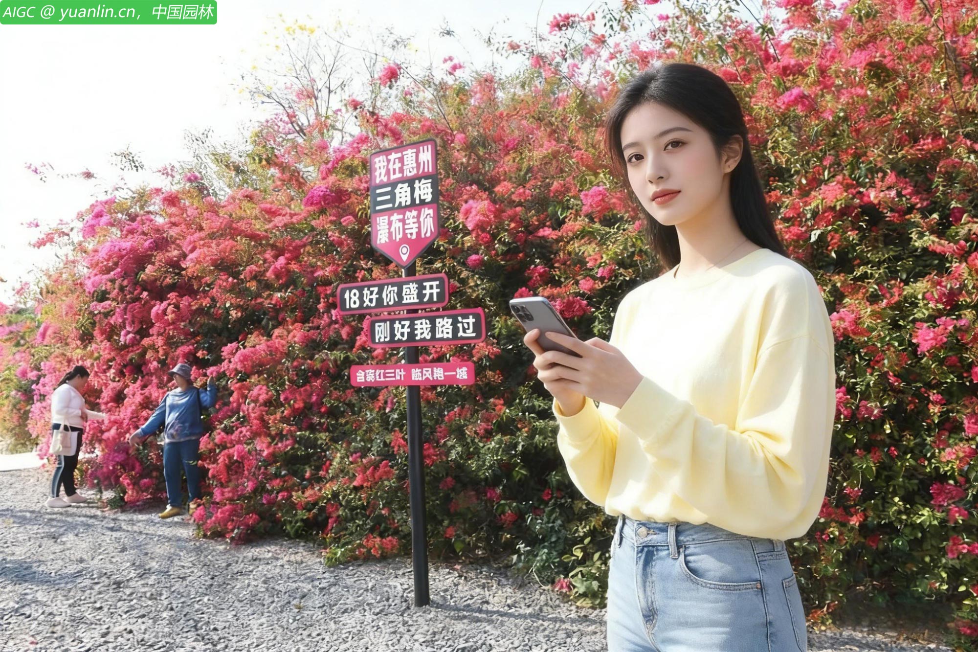 广东惠州市黄屋村的三角梅瀑布花海景点