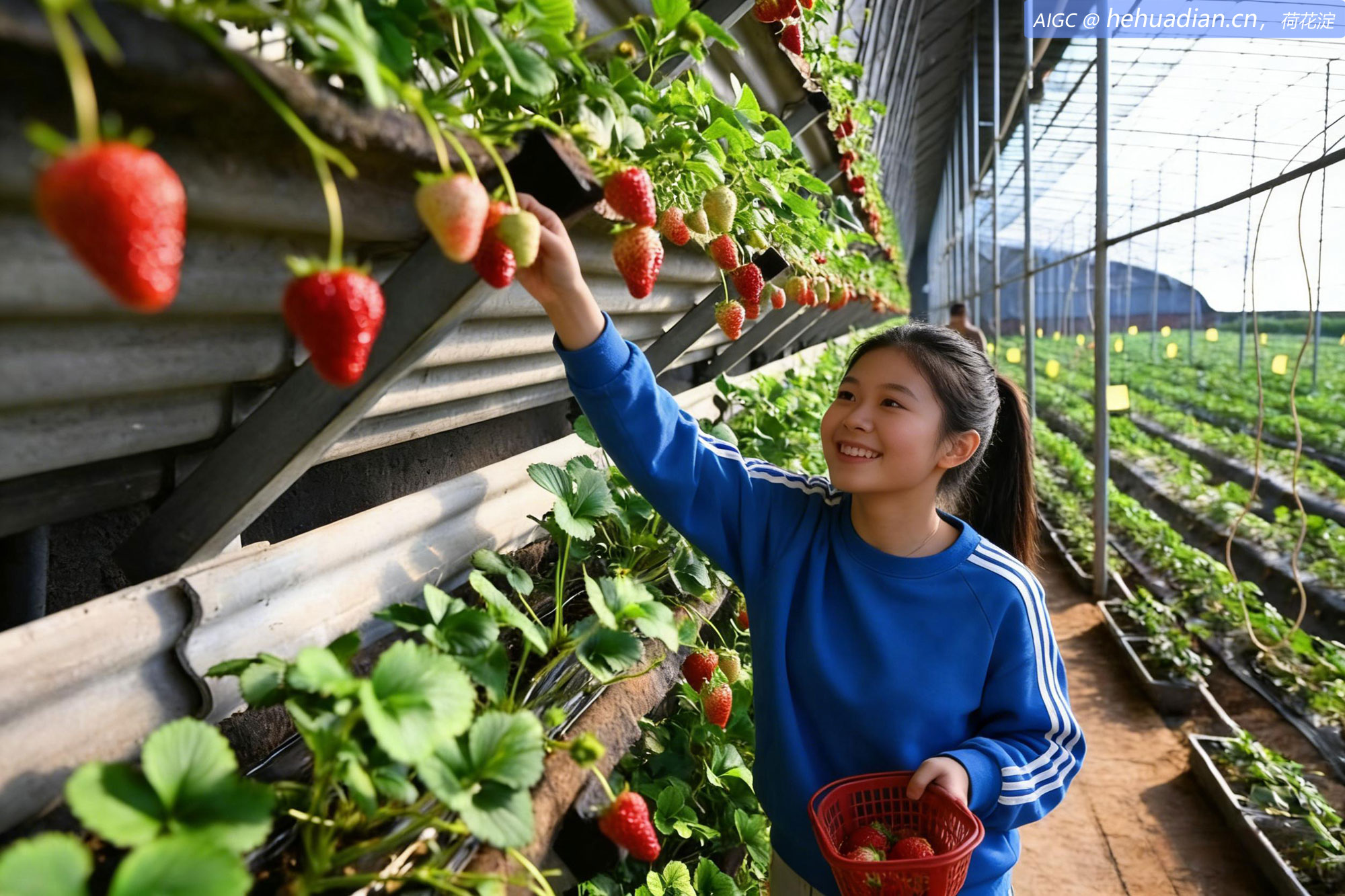 河北省保定市白沟新城大高村，游客在大棚采摘草莓
