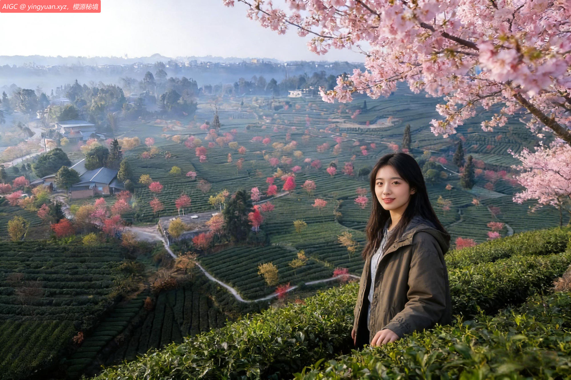 四川雅安名山区茶园内樱花盛开