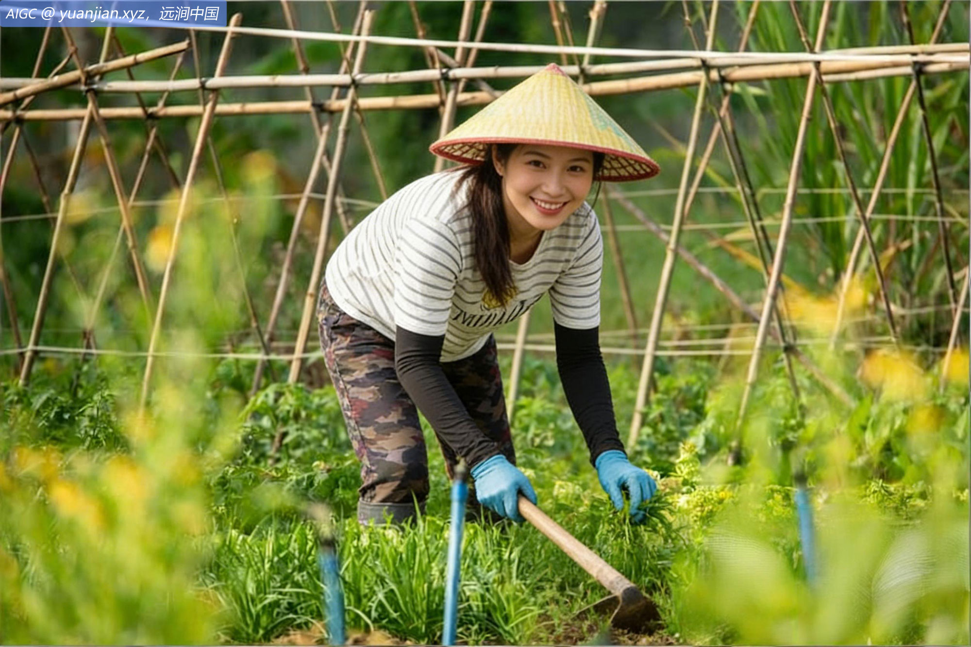 海南省琼海市农民在花田间为作物锄草、松土、施肥