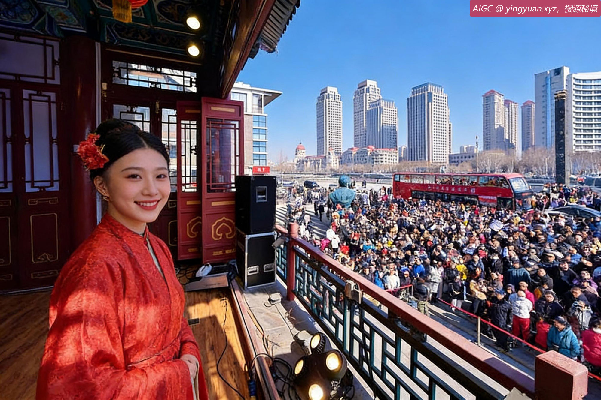 游客在天津古文化街观看演出