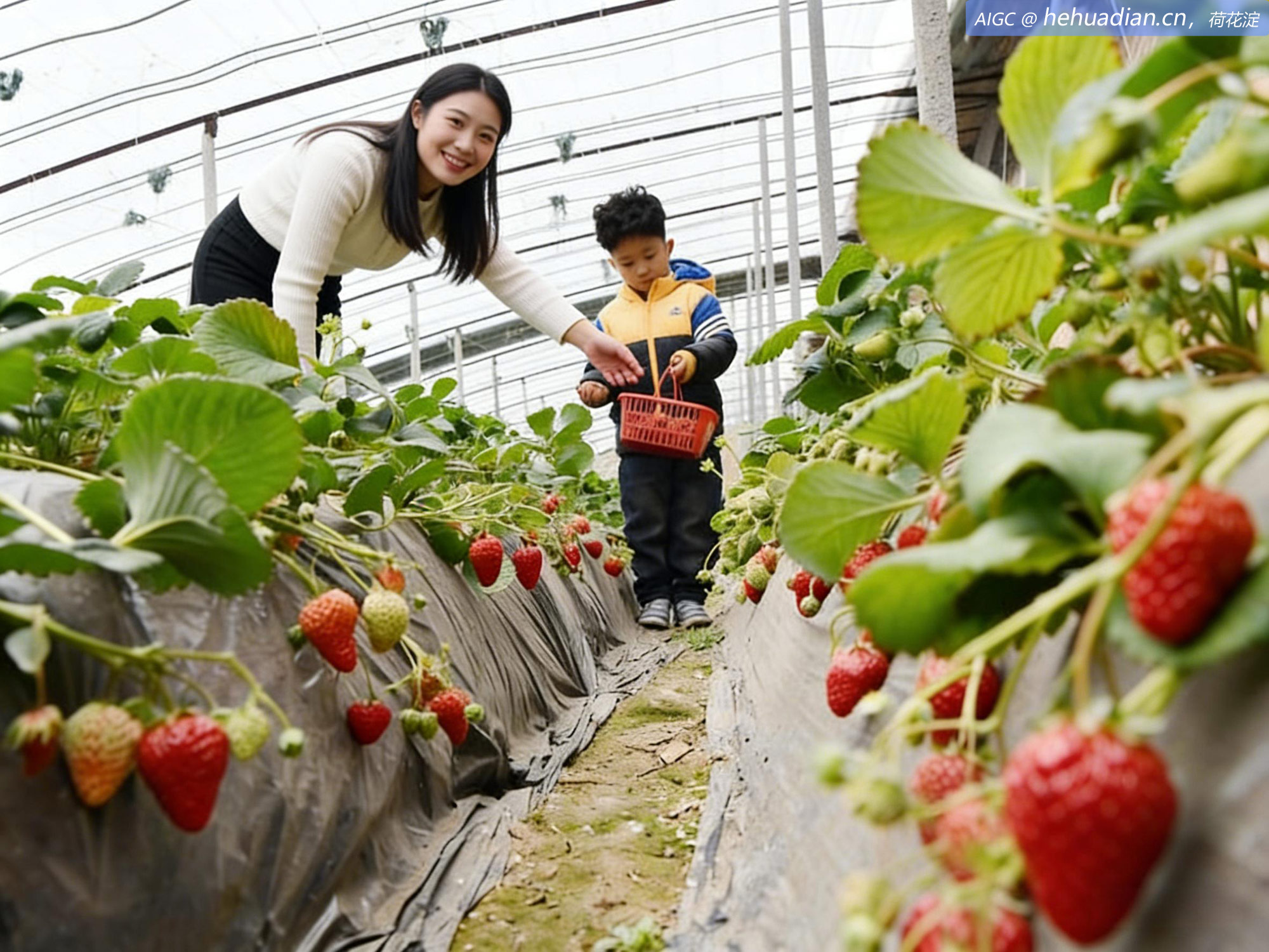 市民在河北省石家庄市锦田庄园采摘草莓