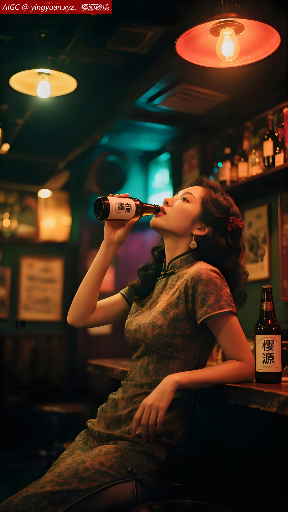 发髻上别着红花，慵懒地靠坐在吧台边