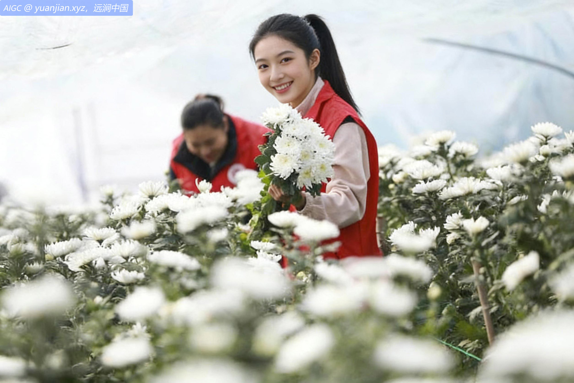 贵州省联新社区花卉种植基地，社区成员在采收菊花