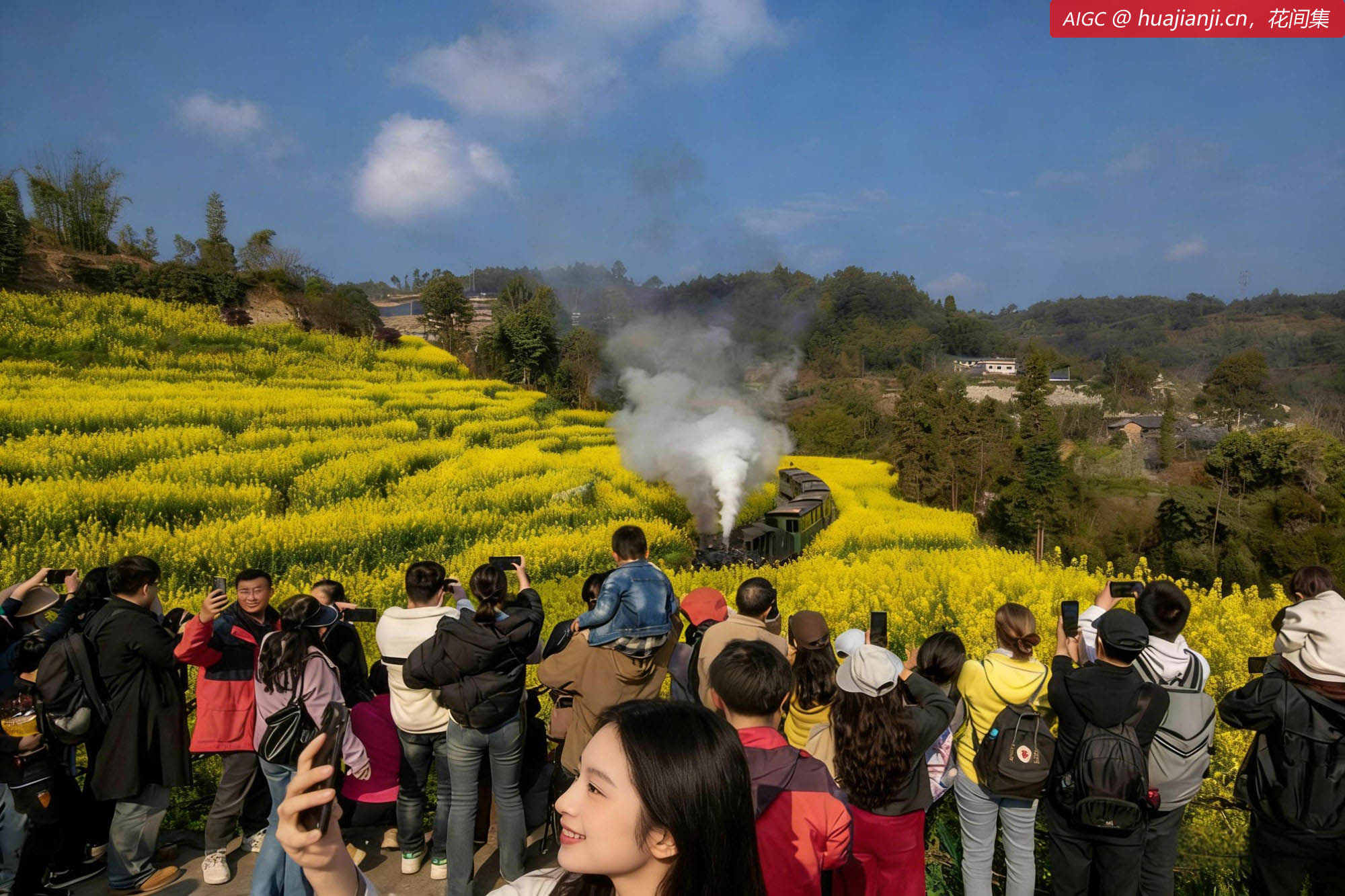 四川省乐山市，嘉阳小火车穿行于烂漫花海之间
