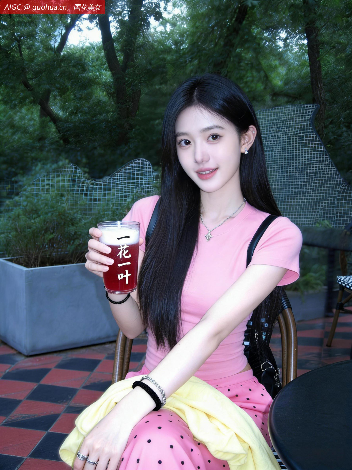 晓樱身着粉色短袖，正在喝着“一花一叶”西柚汁