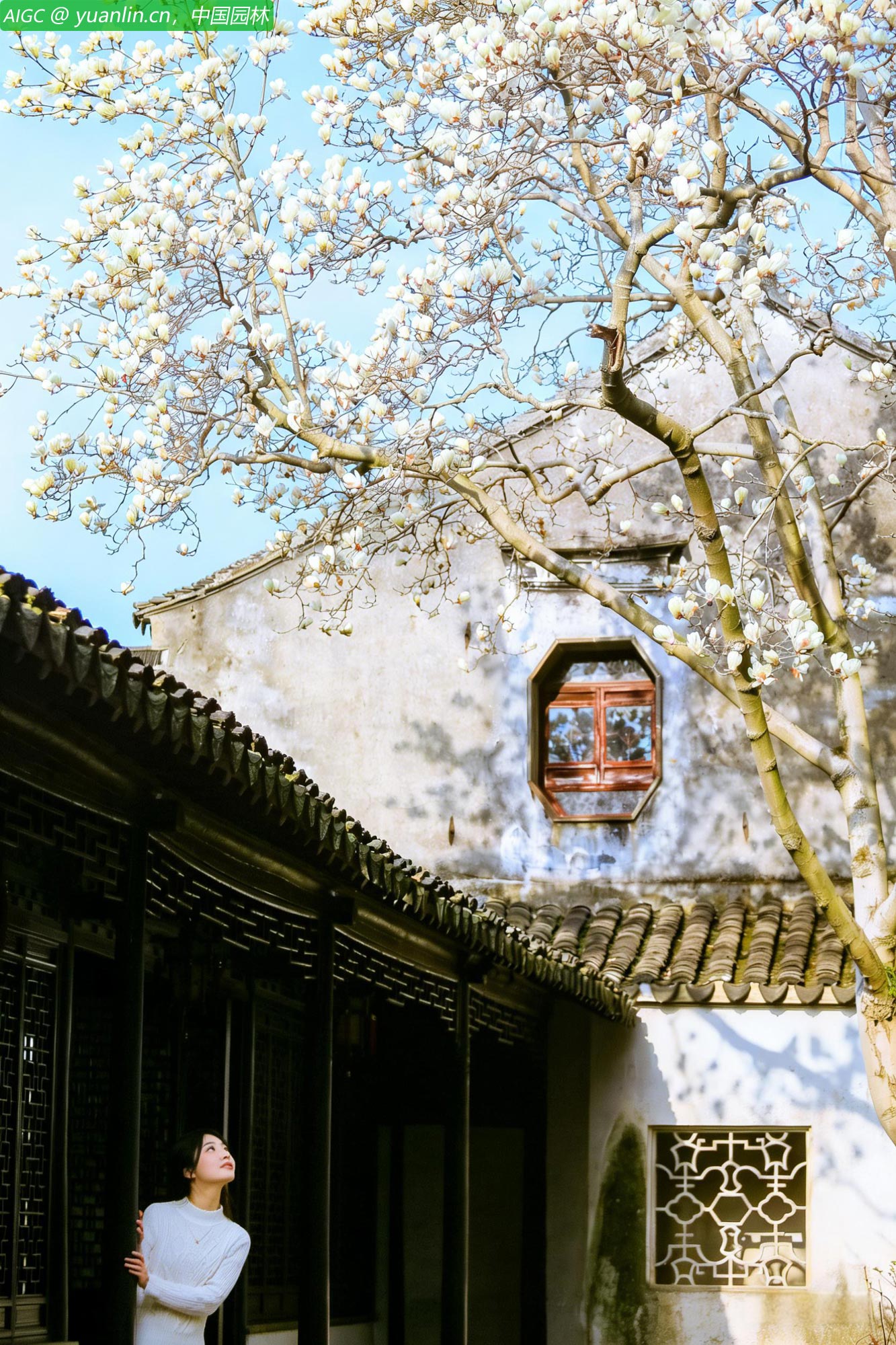 苏州退思园，玉兰花开