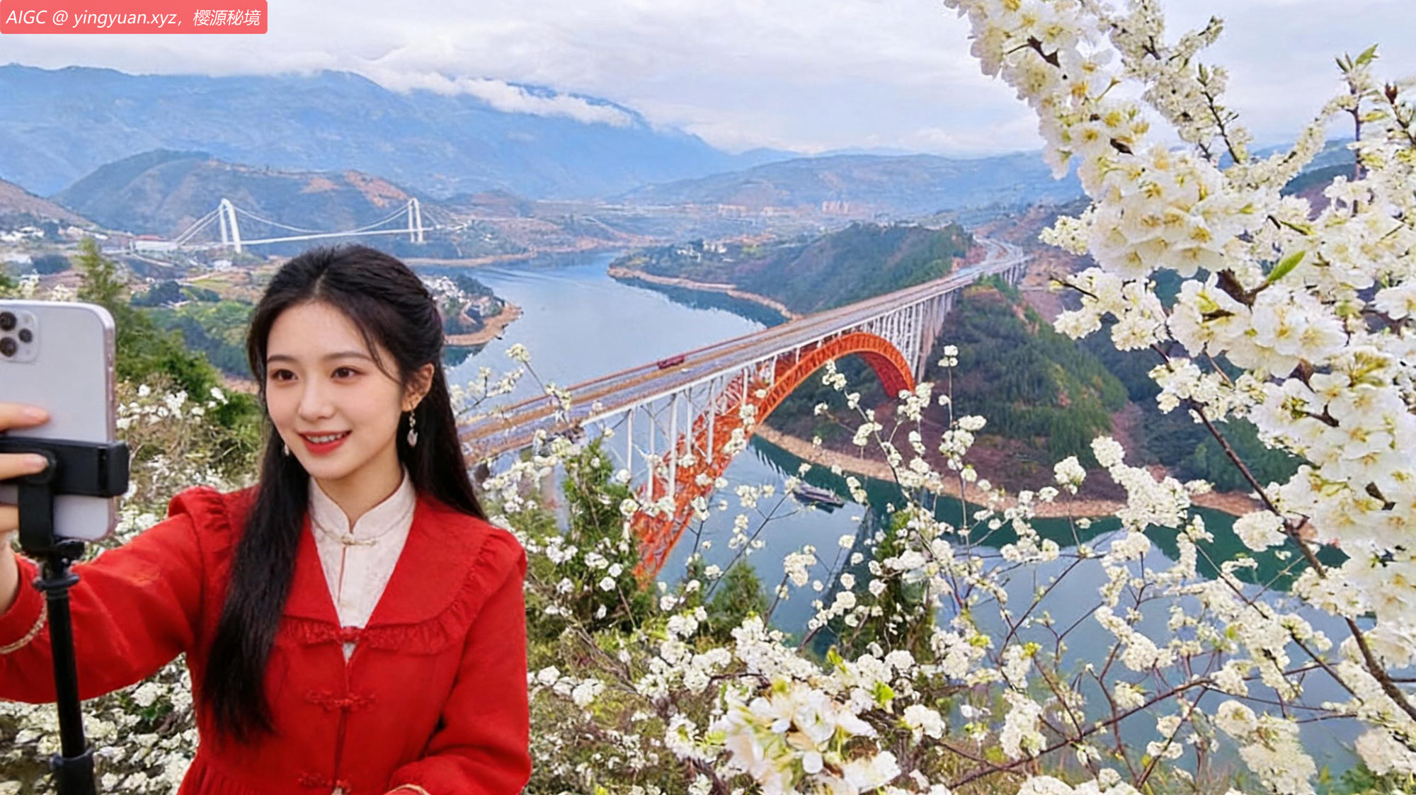 重庆巫山，洁白的李花、金黄的油菜花与碧绿的江水