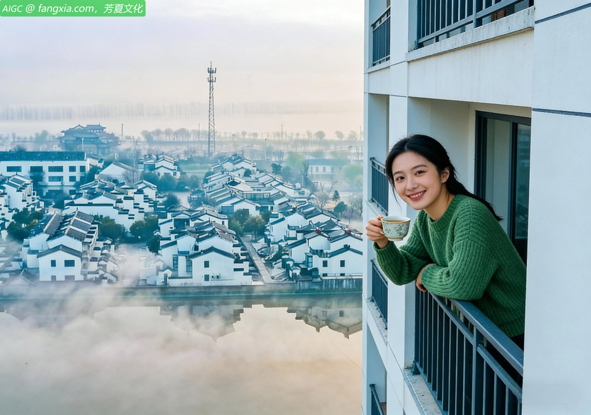 江苏省宿迁市瓦房村晨雾缭绕，古汴河畔如诗如画。