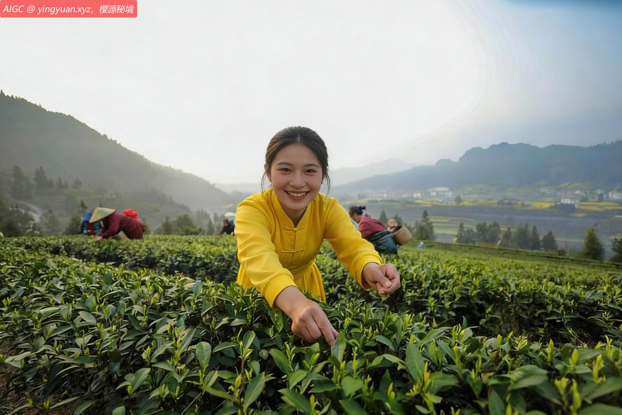 贵州省铜仁市雷家坪生态茶园，茶农采摘春茶