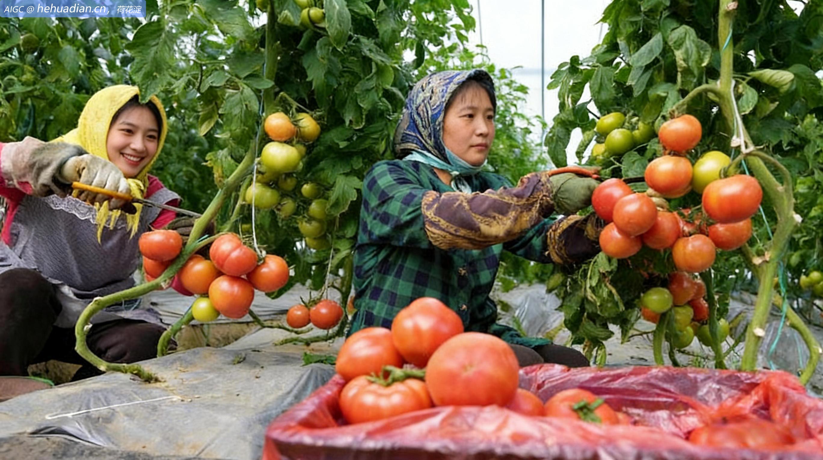 江苏省海安市番茄大棚种植基地，果农正在采摘番茄