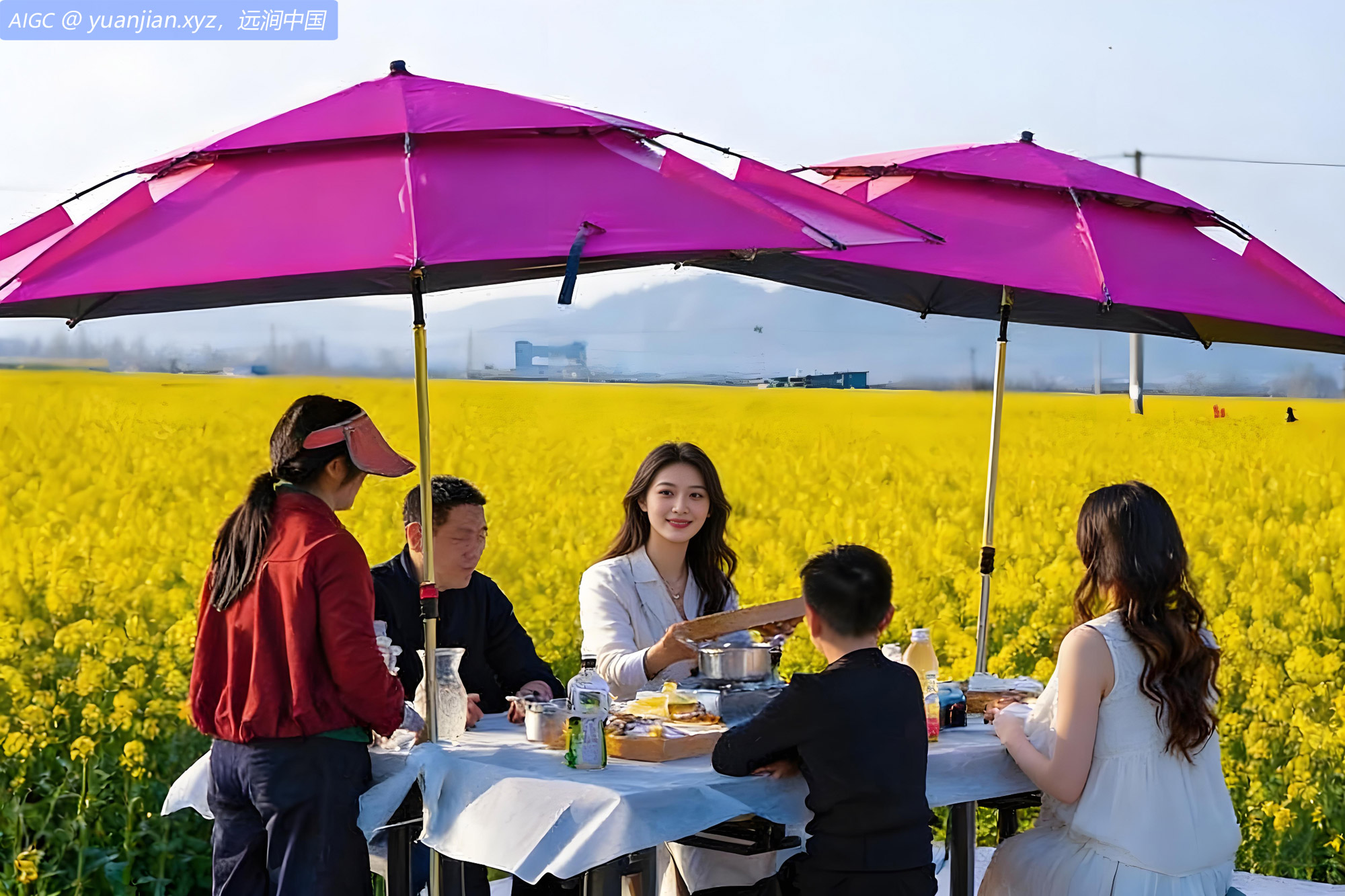安徽芜湖油菜花田里，游客们在花海中品尝乡村田园火锅