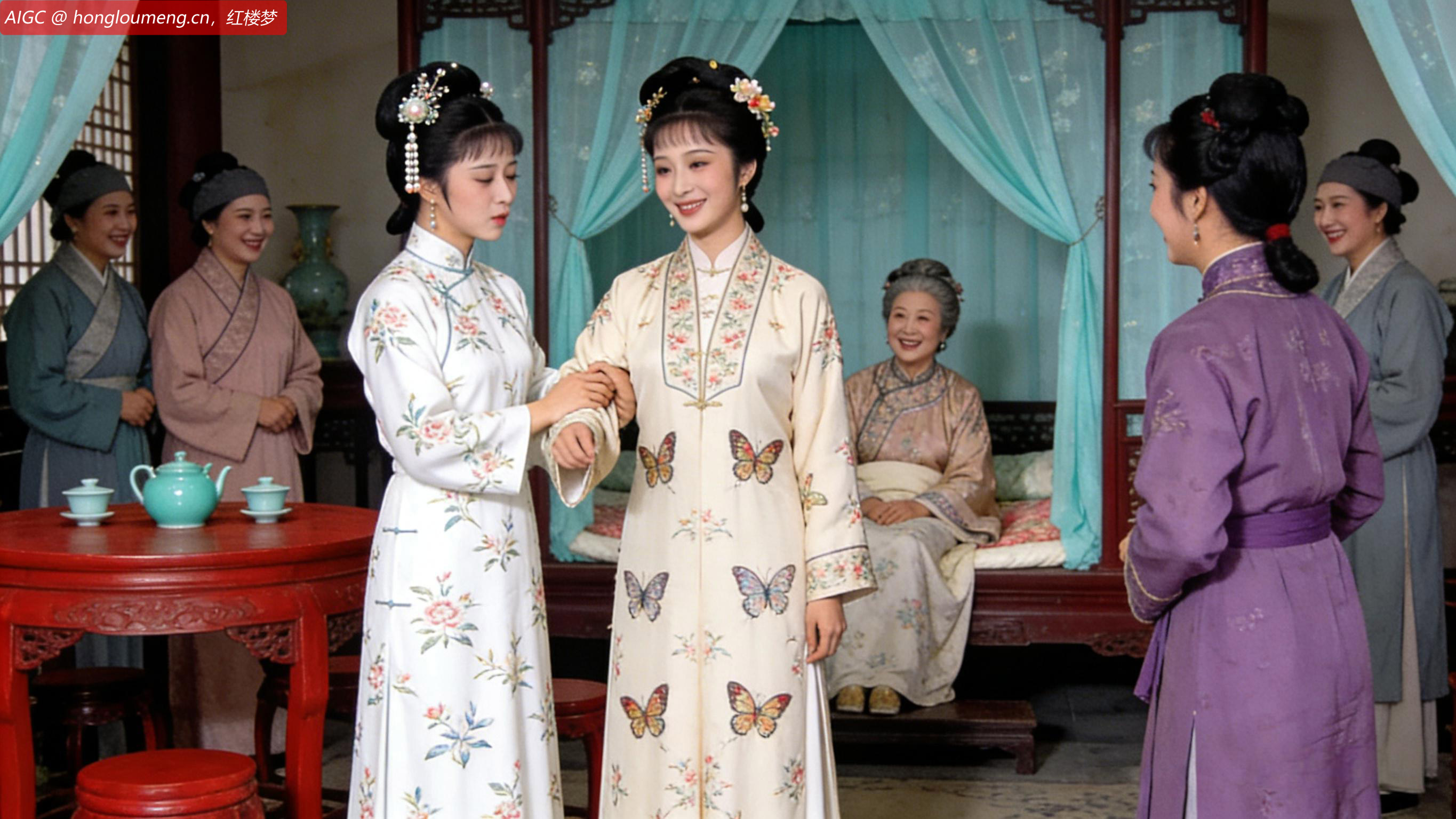 黛玉红了脸，拉着宝钗笑道：我只打你！