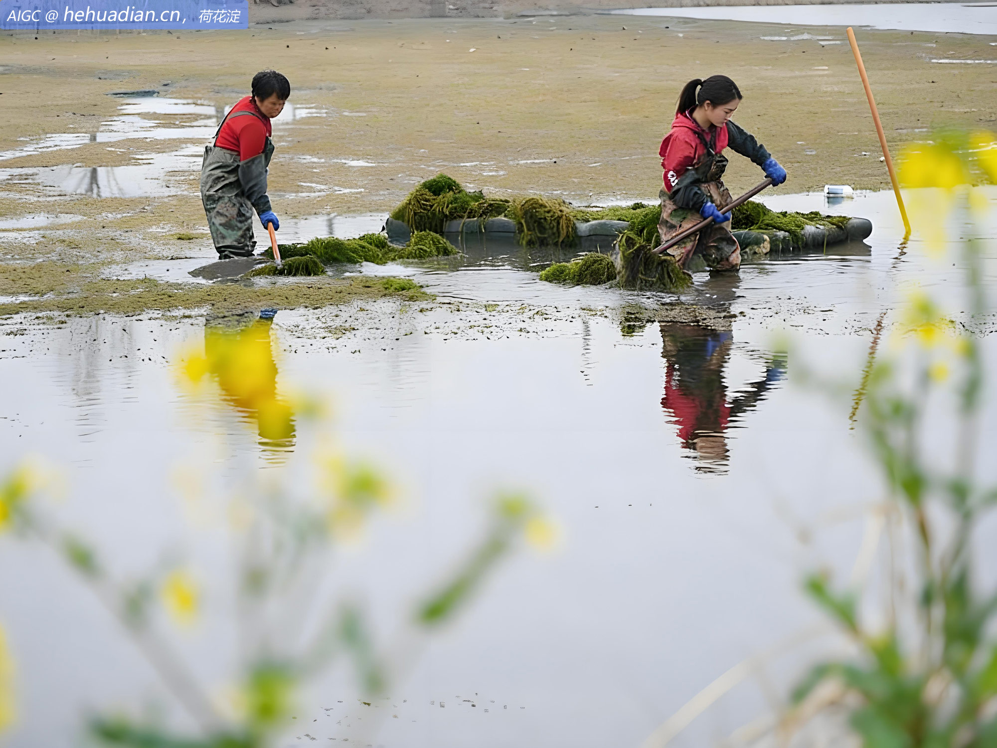 安徽省五河县下黄村，蟹农栽植水草、投放蟹苗