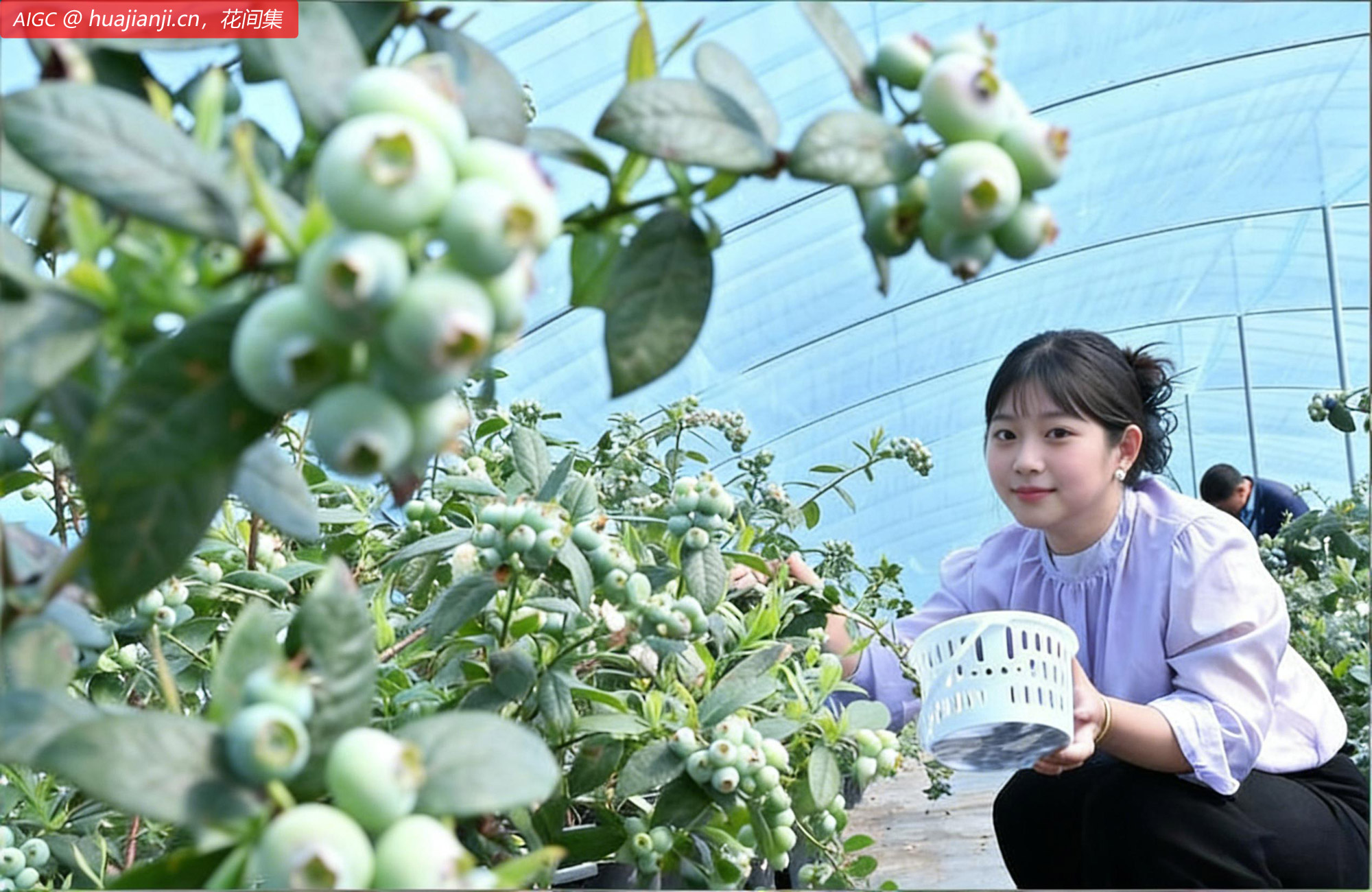 游客在河南省夏邑县济北村采摘蓝莓