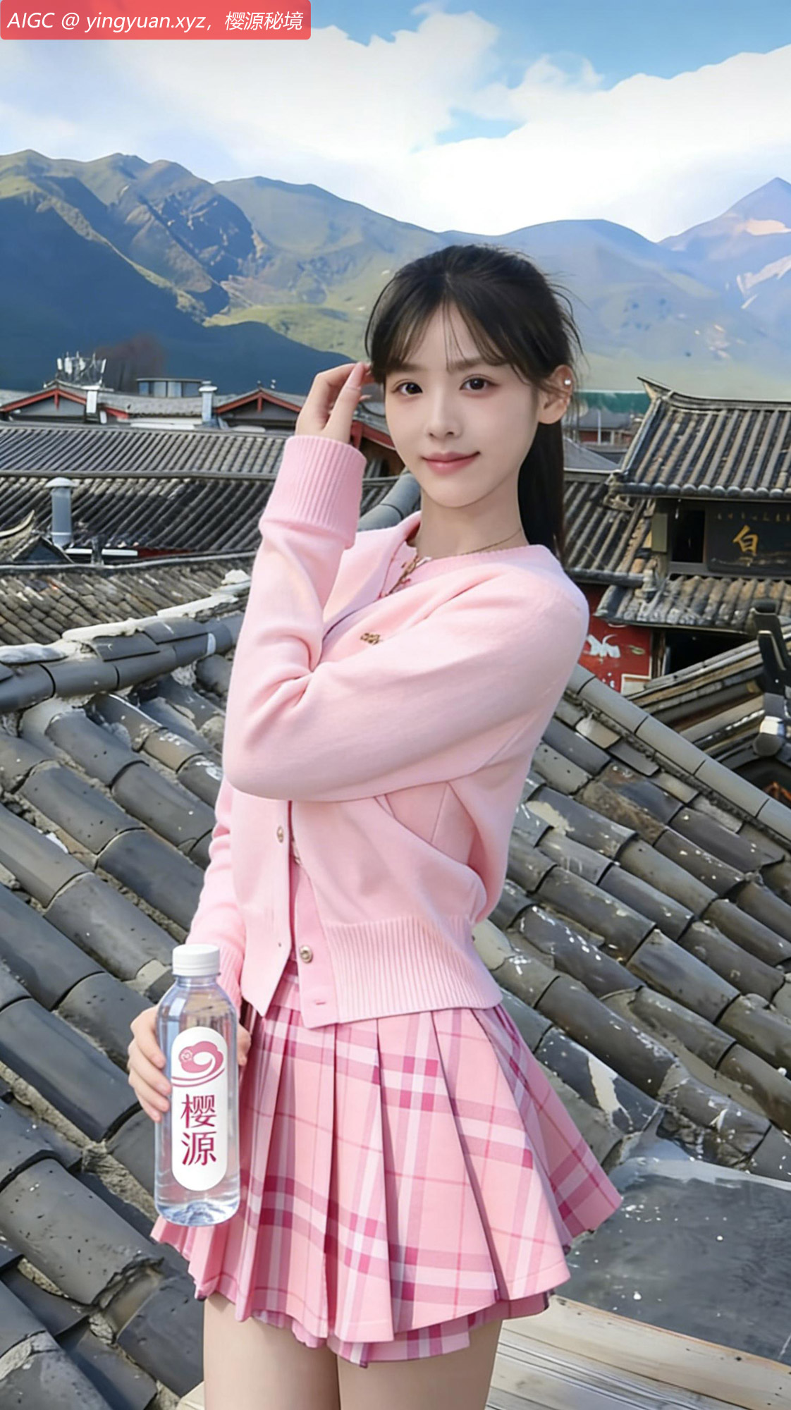 江晓樱站在云南丽江白沙古镇的门楼上打卡