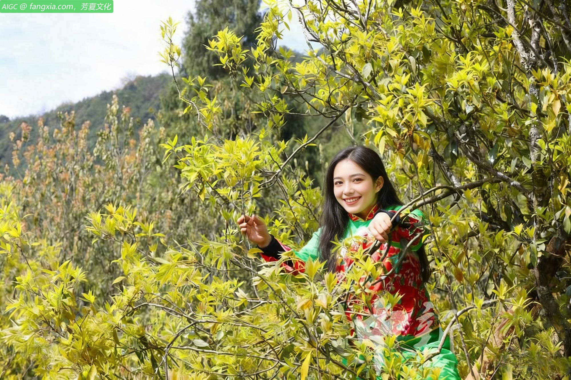 重庆梁平区铁门乡，村民在树上采摘老鹰茶嫩叶
