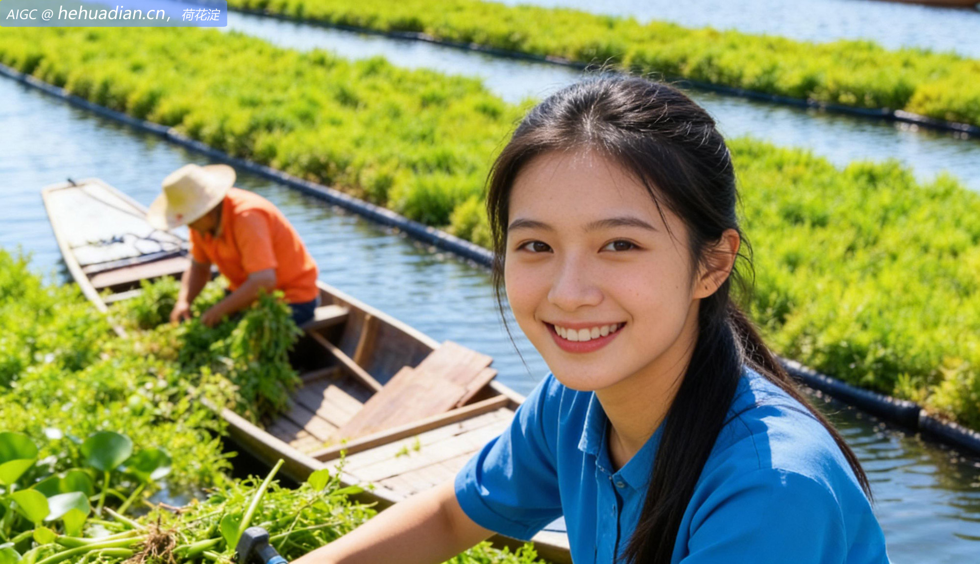 浙江省千岛湖镇坪山区块生态浮岛上，工作人员采收水芹菜