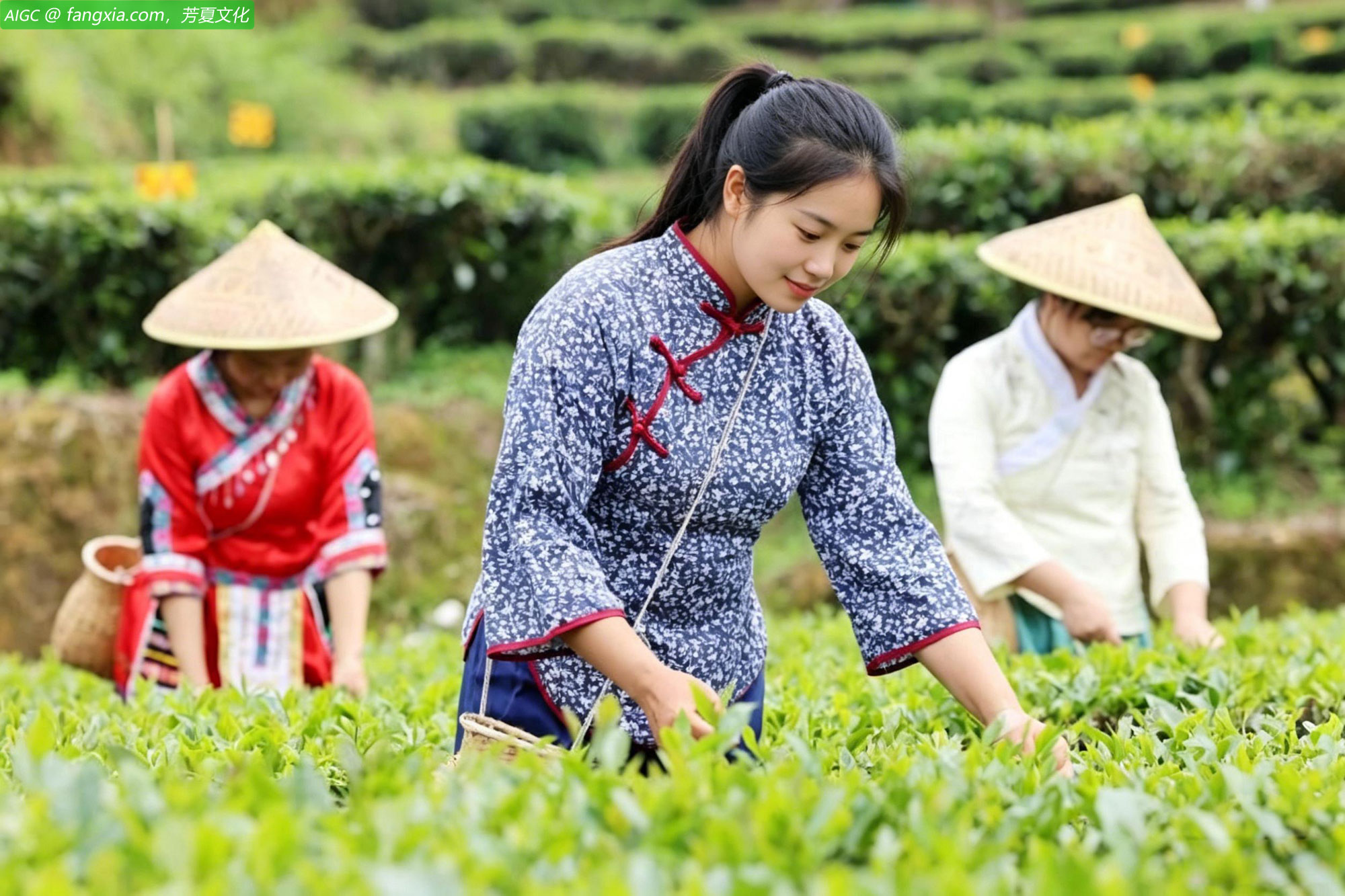 广西贺州市福行村生态茶园，茶农忙着采摘夏茶